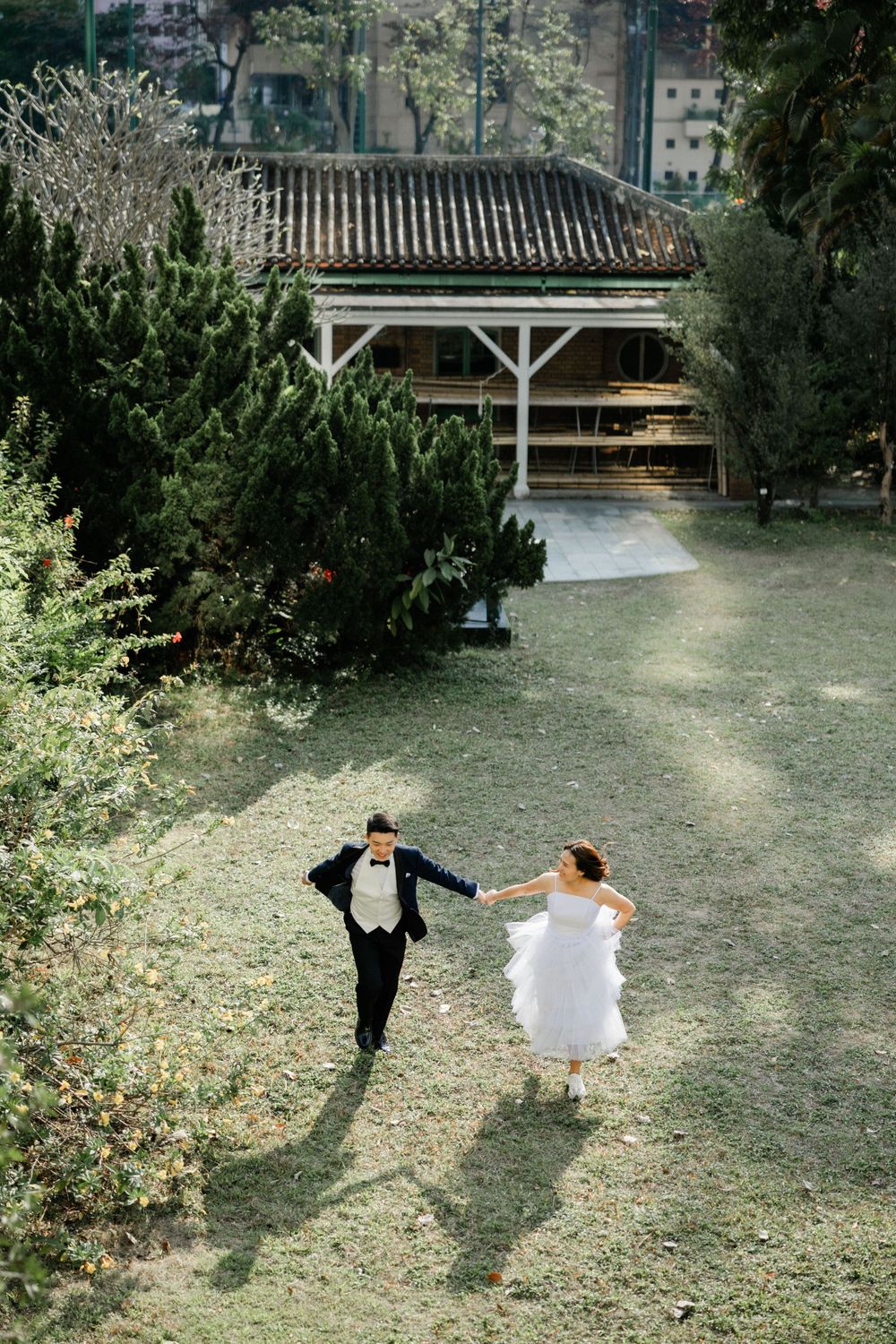 Bird's eye view of couple running hand in hand across sunlit garden with pine trees and pavilion.