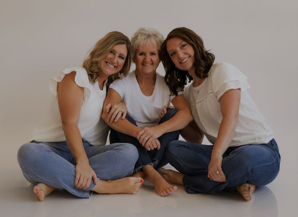 Casual lifestyle photography with subjects in matching outfits on white background.