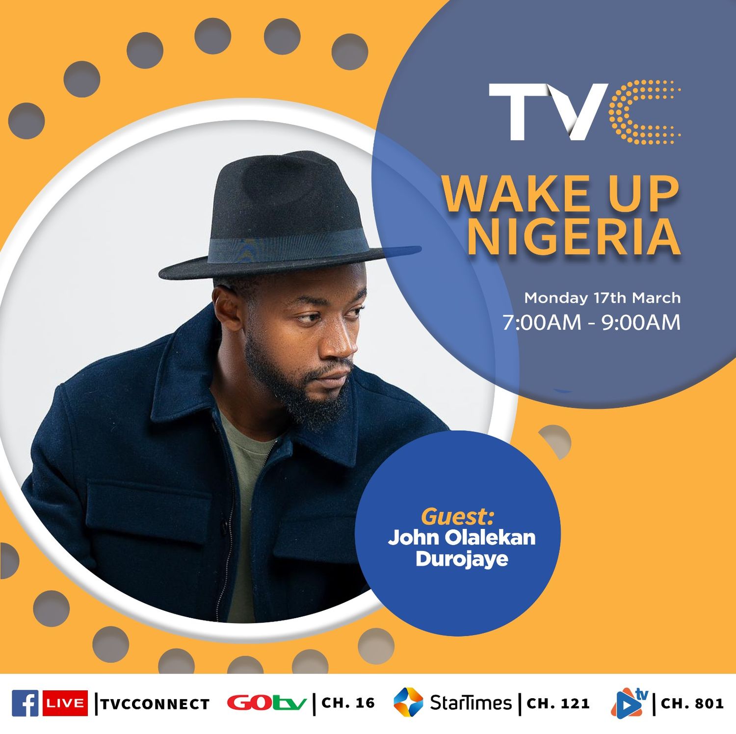 TV show promotional image for Wake Up Nigeria featuring a guest in a dark blue outfit and black hat against orange and blue background.