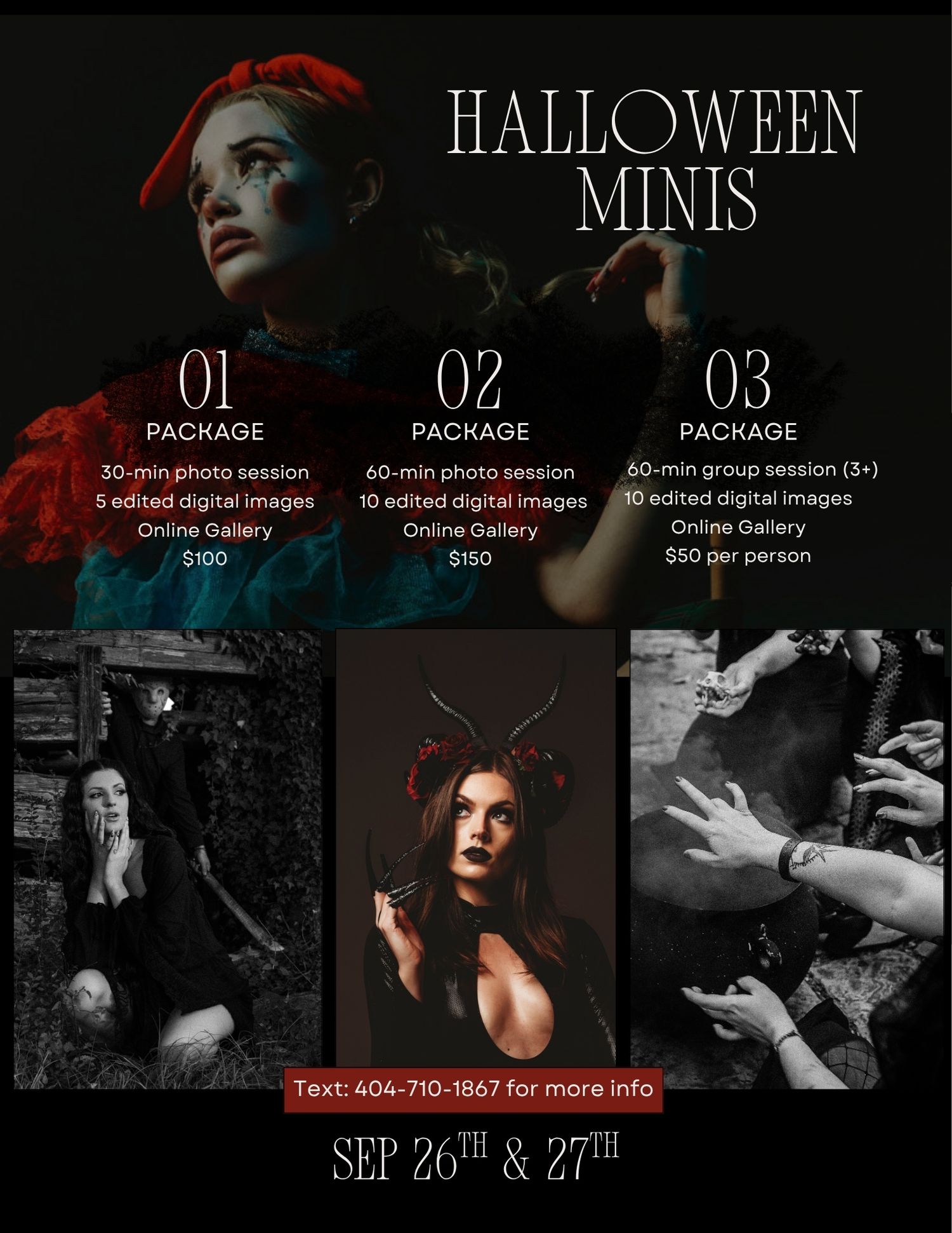 Halloween mini photo session flyer featuring dark gothic portraits with packages starting at $100, available September 26th and 27th.