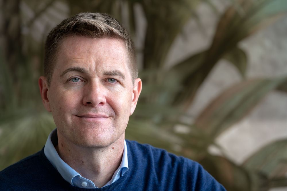 Professional headshot with navy sweater against bright office background.