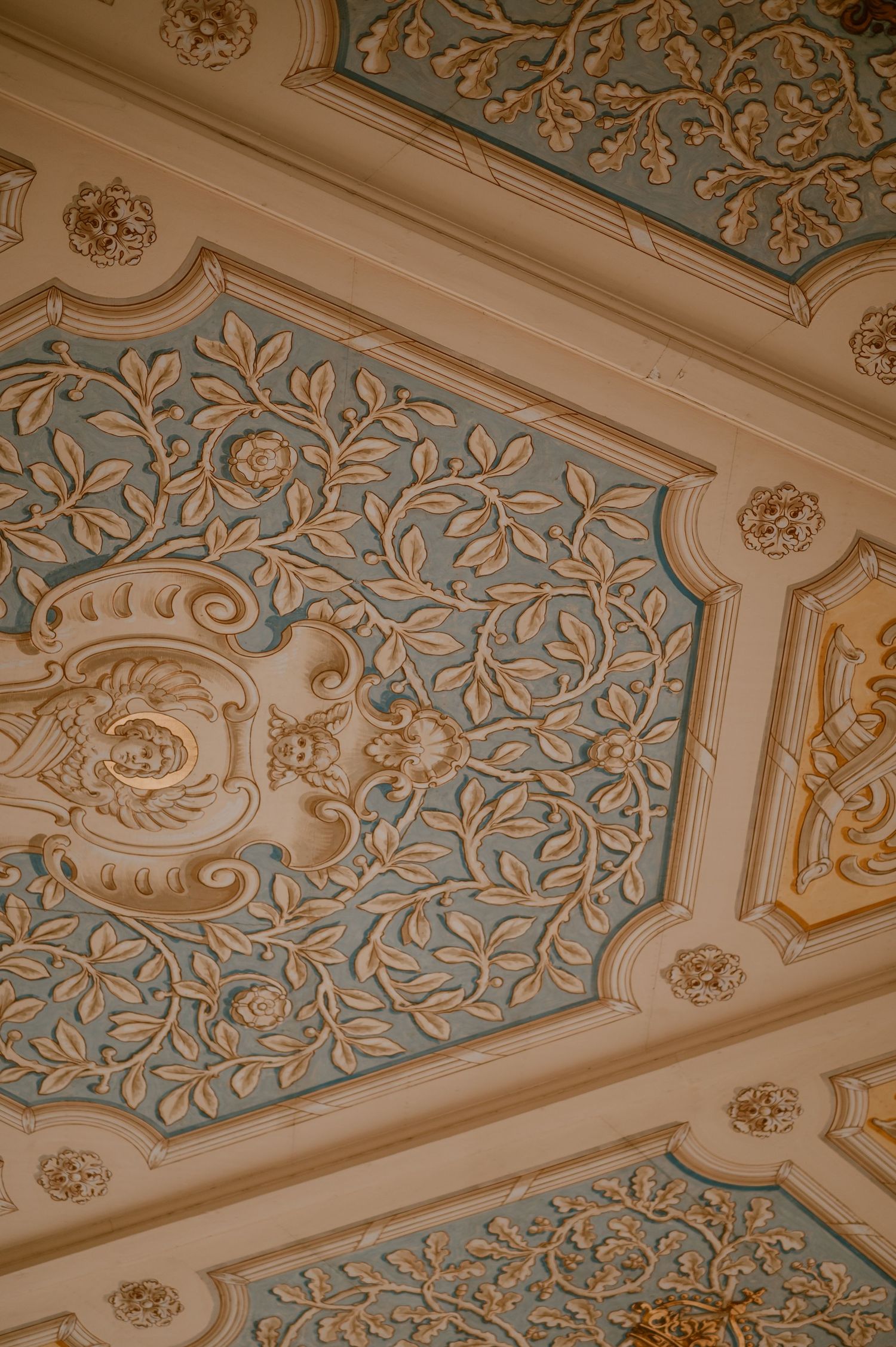 Ornate baroque ceiling with intricate floral patterns in light blue and cream featuring detailed molding and scrollwork.