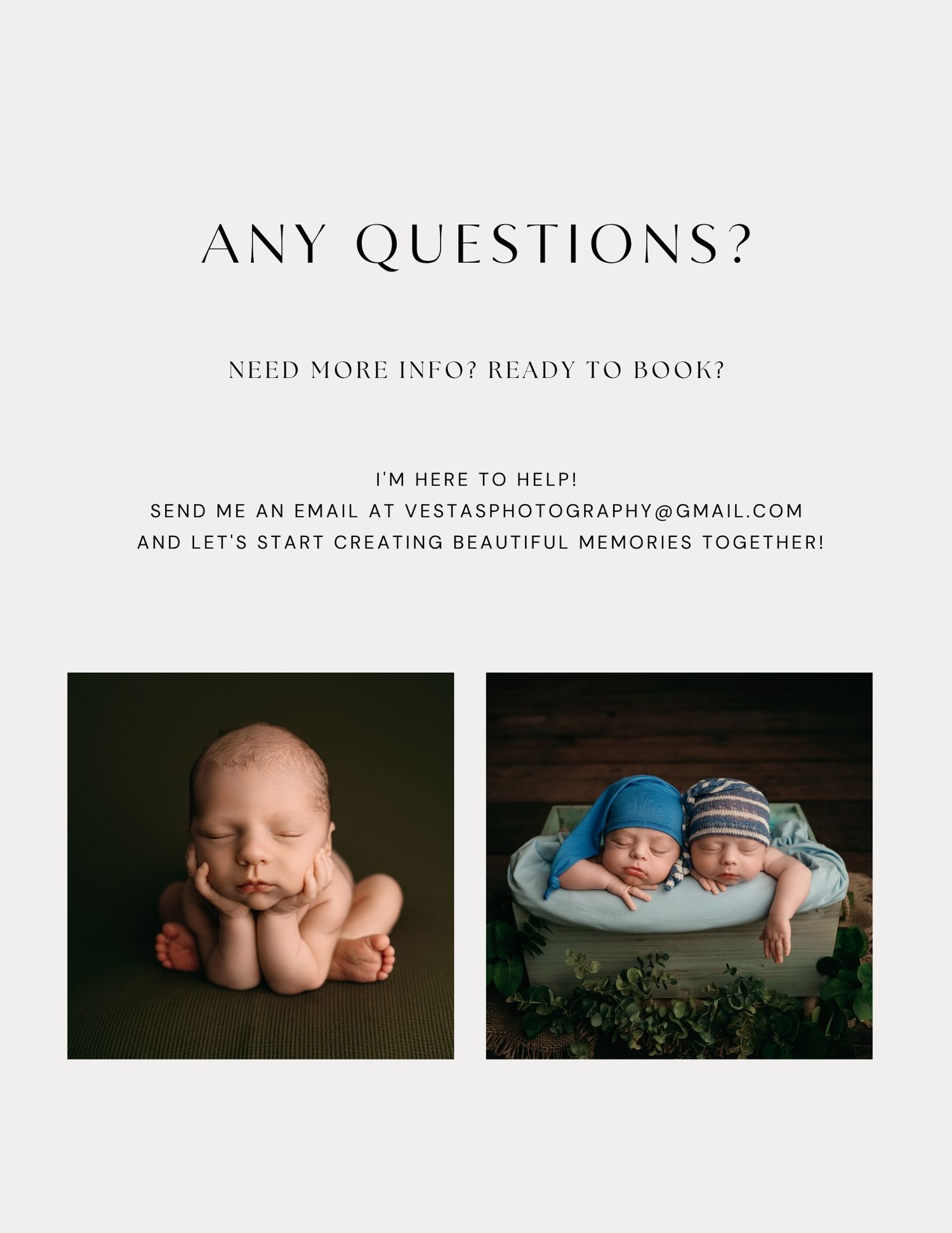Professional newborn photography website header showing peaceful sleeping baby portraits and contact information.