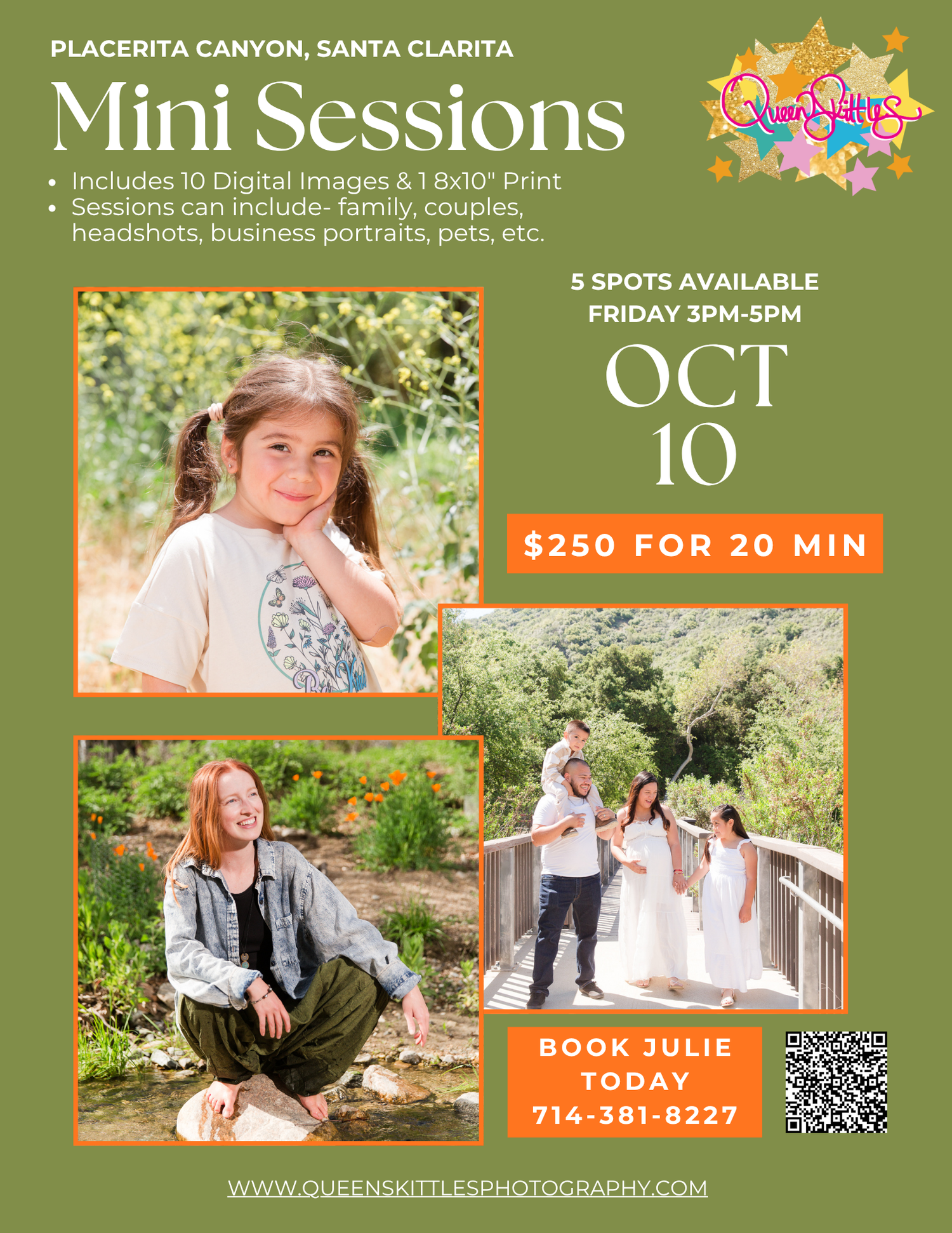 Fall mini photo session promotional flyer in green with sample outdoor family portraits and booking details for Santa Clarita.