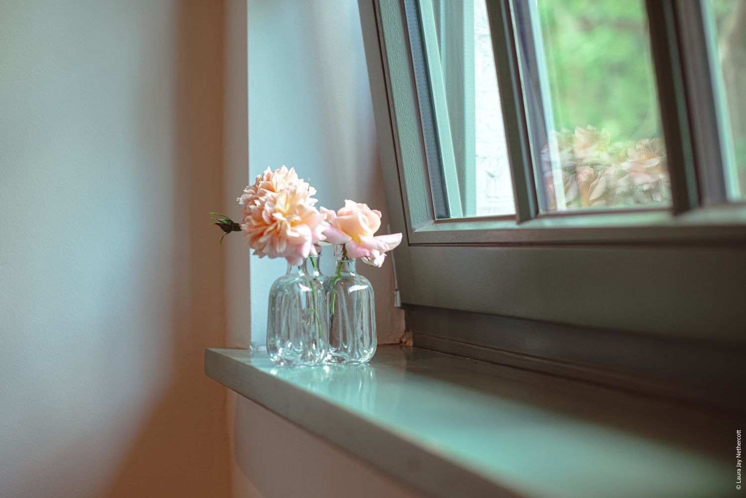 Minimalist white ceramic vase with eucalyptus branches against a light gray background with soft pink lighting.