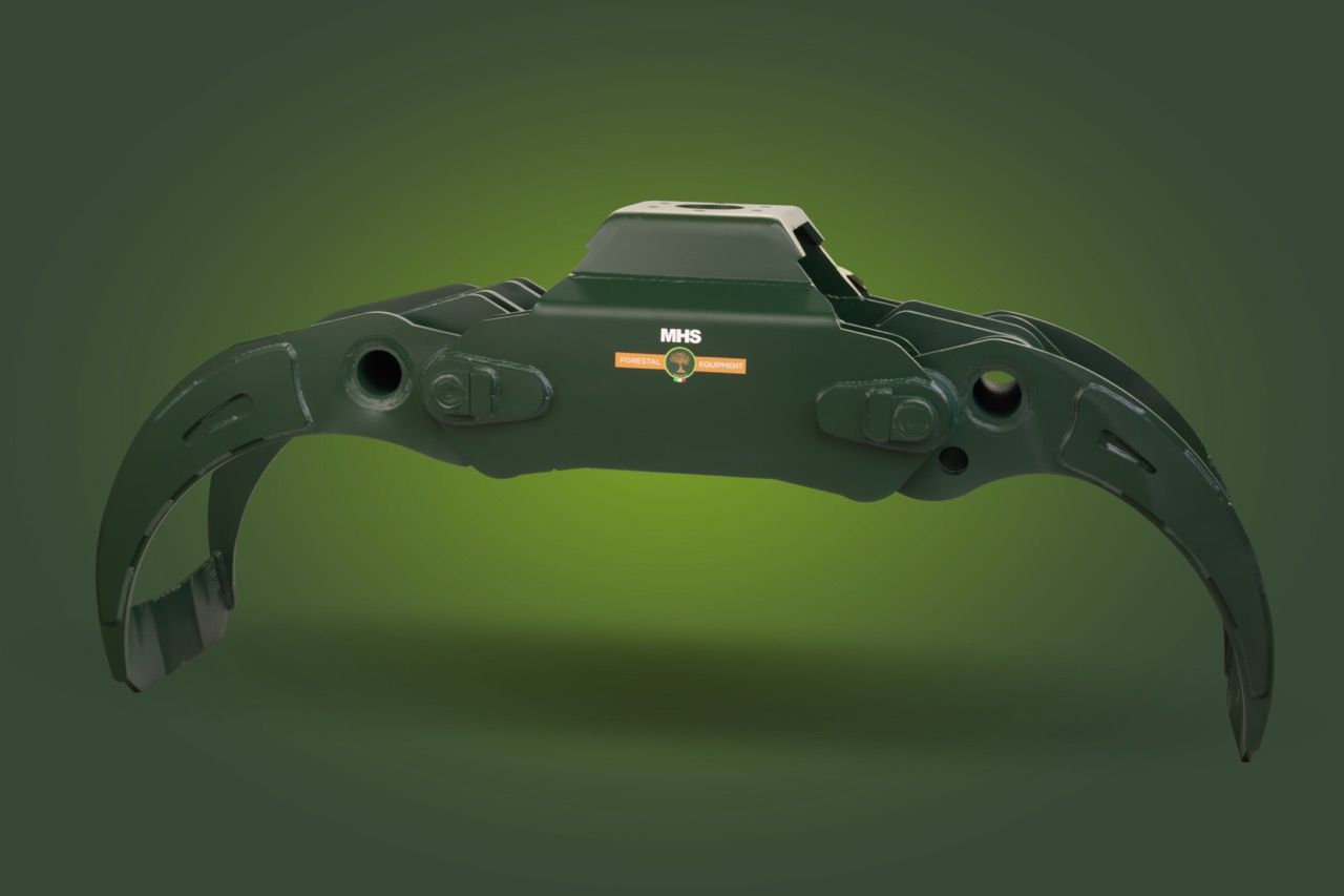 Side view of heavy-duty logging grapple with dual curved arms in forest green color.