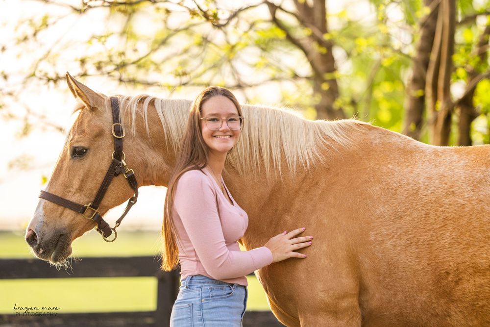 Gentle horse nuzzling against person in pink shirt outdoors.