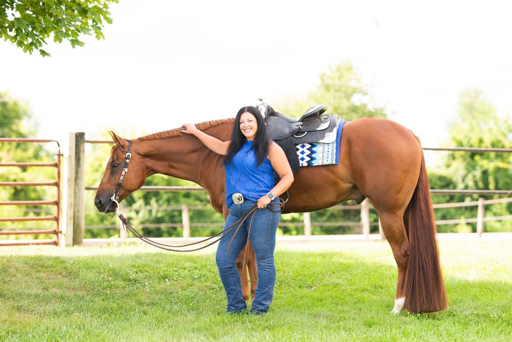 Horse training session with handlers in outdoor arena with white fencing.