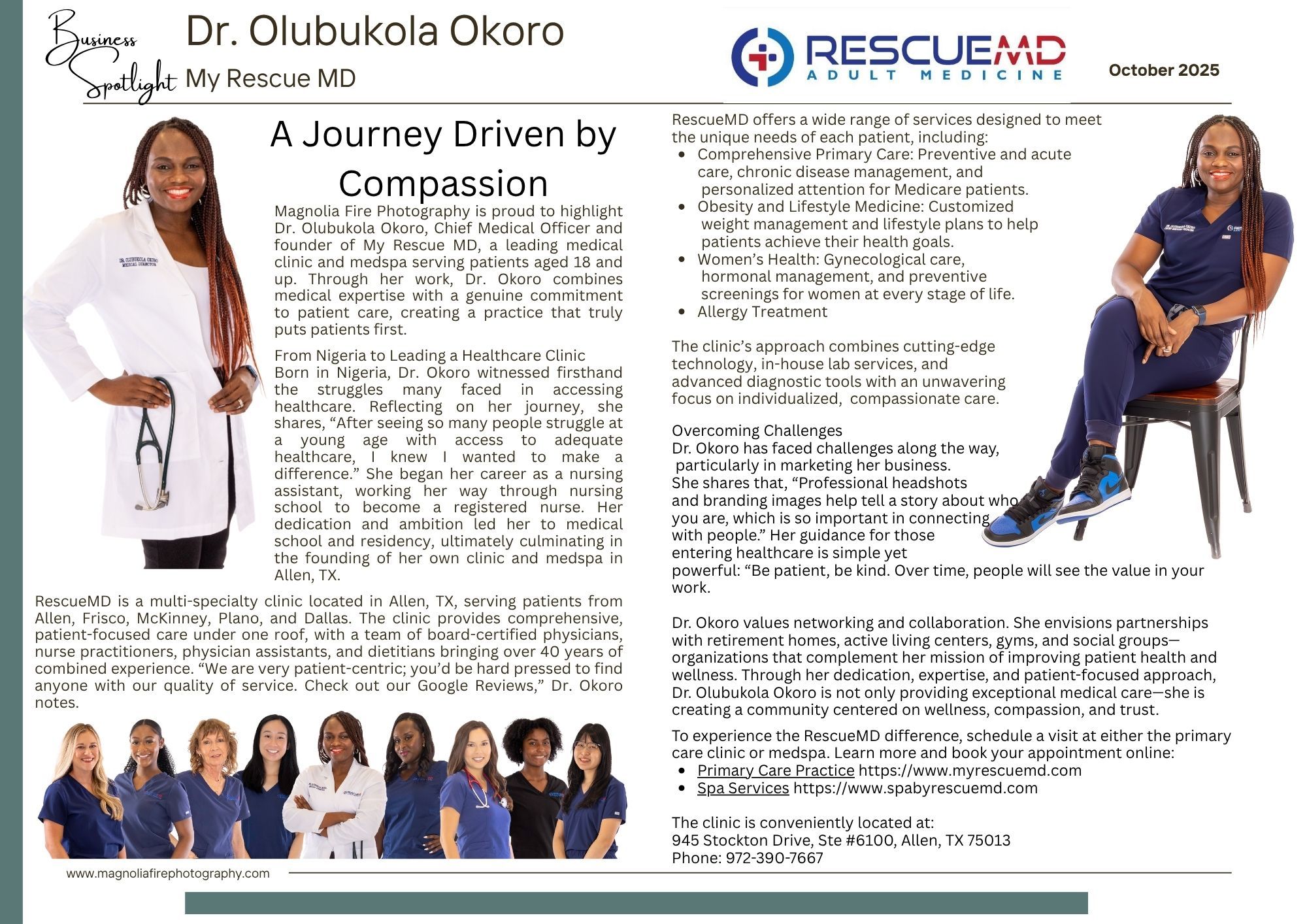 Professional medical office brochure layout showing healthcare services and clinic information with blue and white design elements.