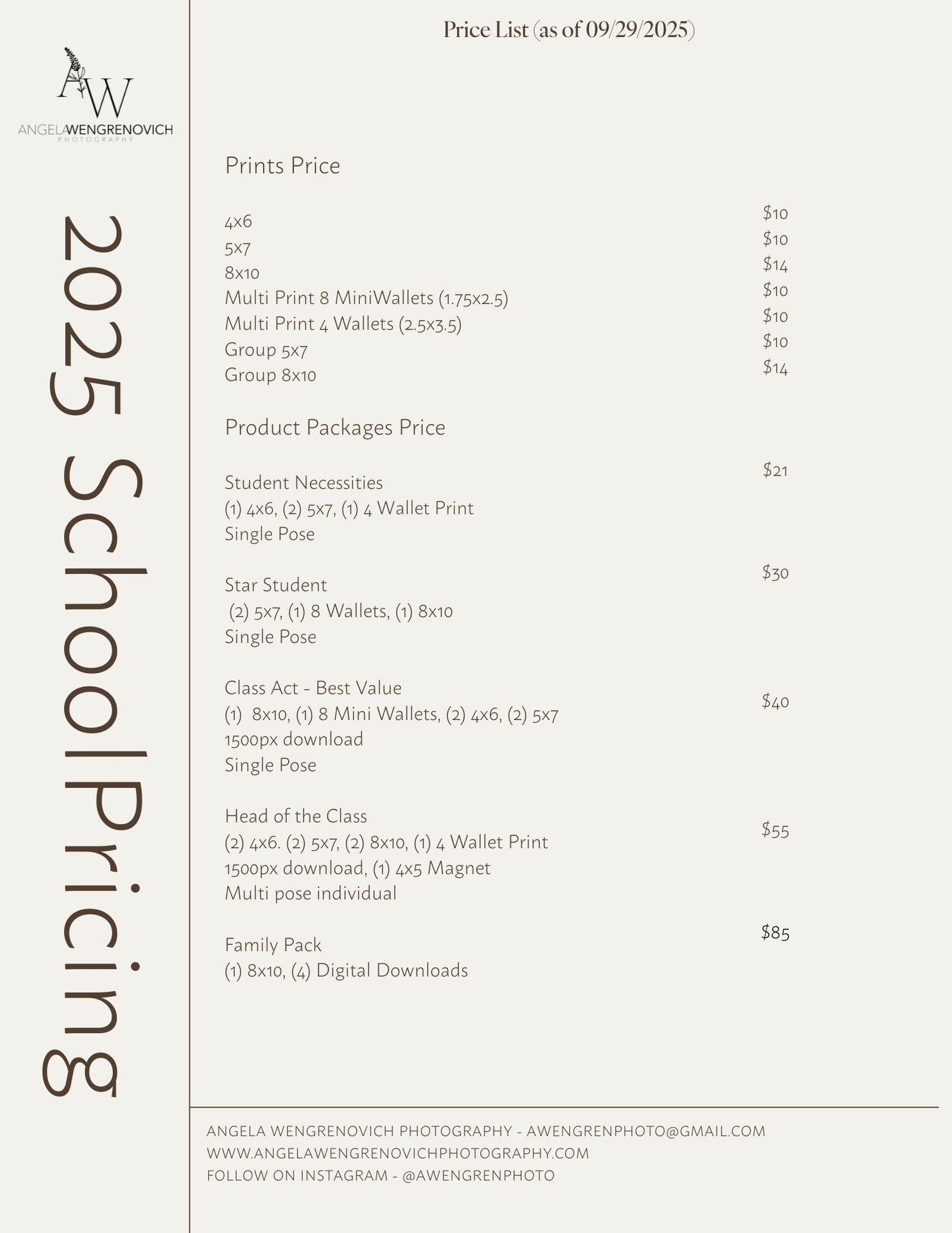 A minimalist pricing menu design with black text on white background showing product packages and individual prices.