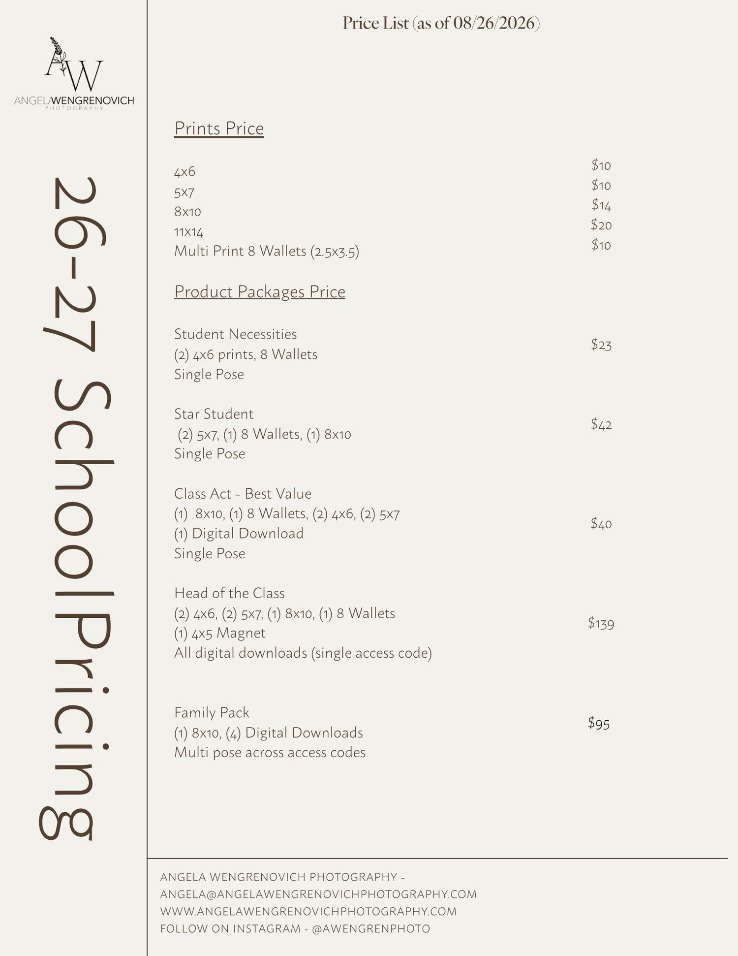 A minimalist pricing menu design with black text on white background showing product packages and individual prices.