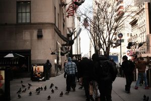 Urban street scene with pigeons and pedestrians in muted lighting.