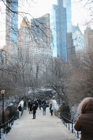 People stroll along a winter path in Central Park with tall city buildings visible through bare trees.