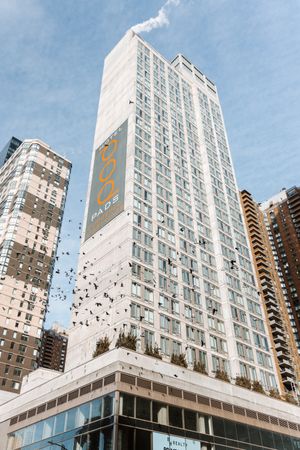 Modern white high-rise building with birds flying past against blue sky.