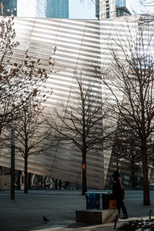 Modern striped building facade with bare winter trees in the foreground.