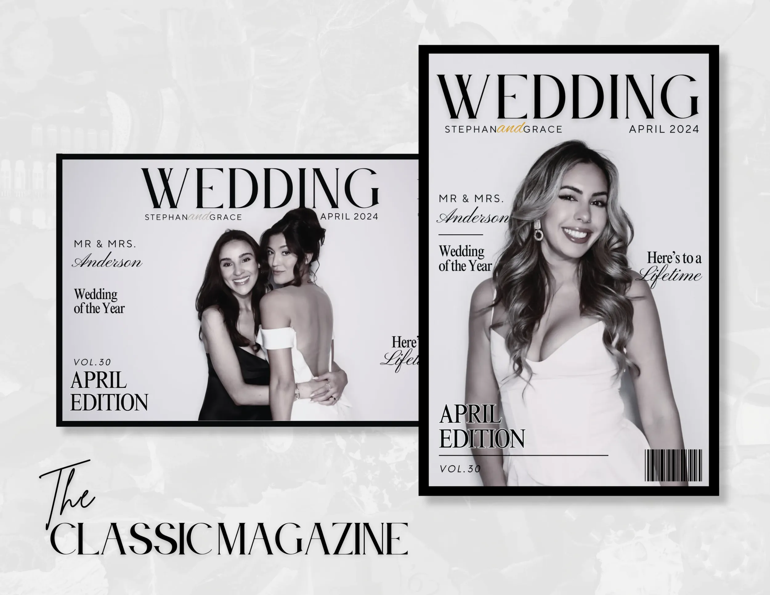 Two wedding magazine covers in black and white theme showing bridal fashion photography for the April edition.