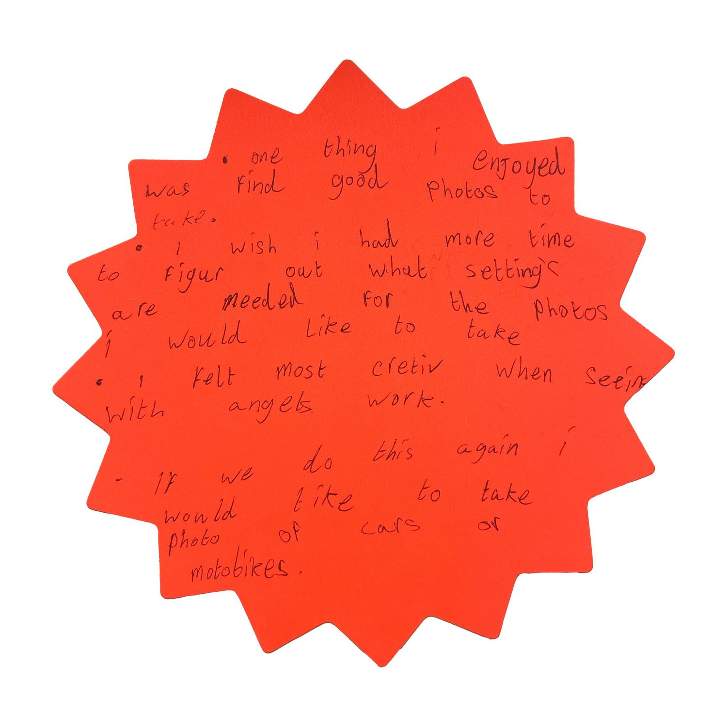 Red star-shaped sticky notes with handwritten text arranged in a row.