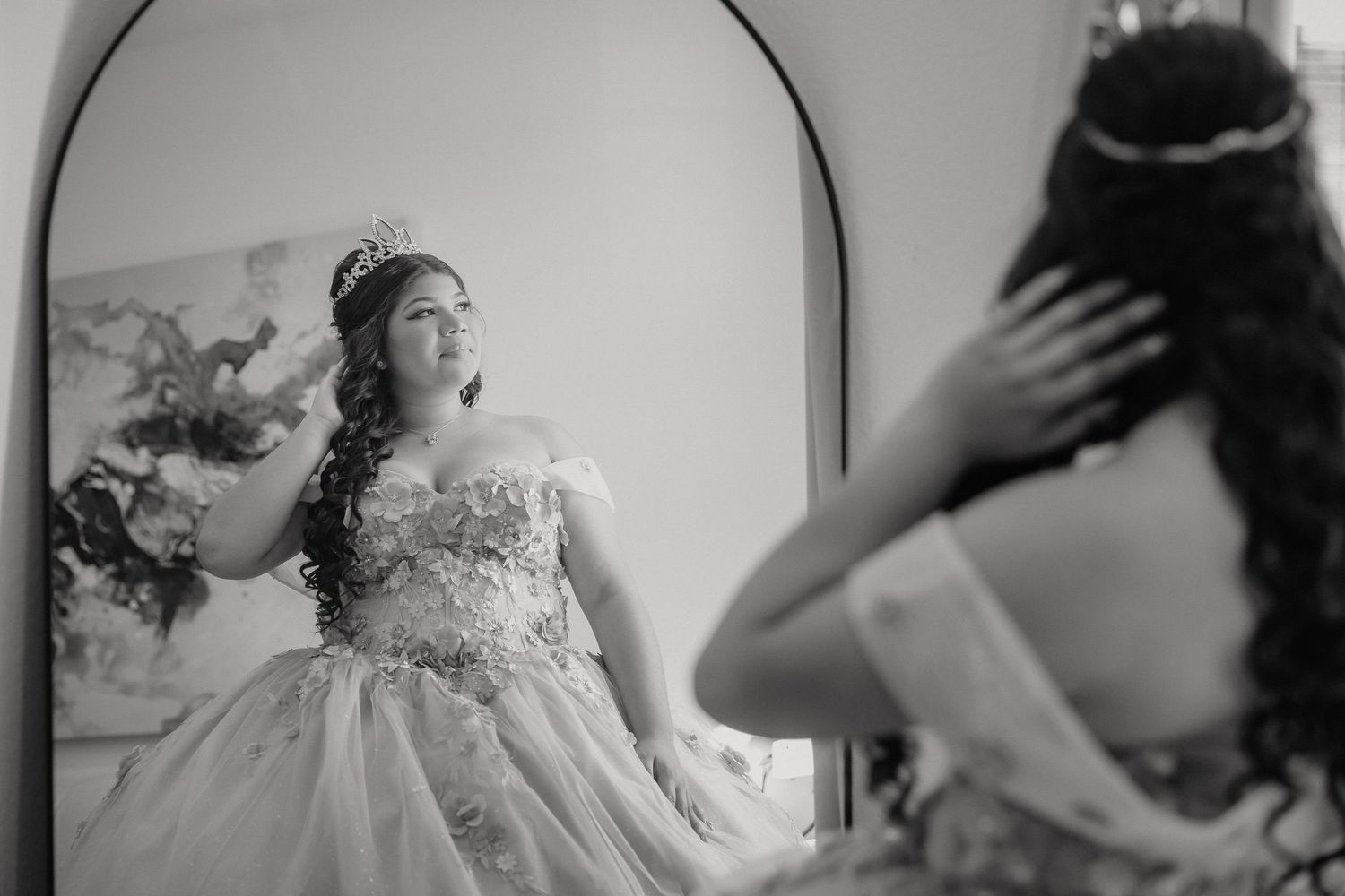 Black and white photos showing the intricate details of a lavender ball gown during preparation.