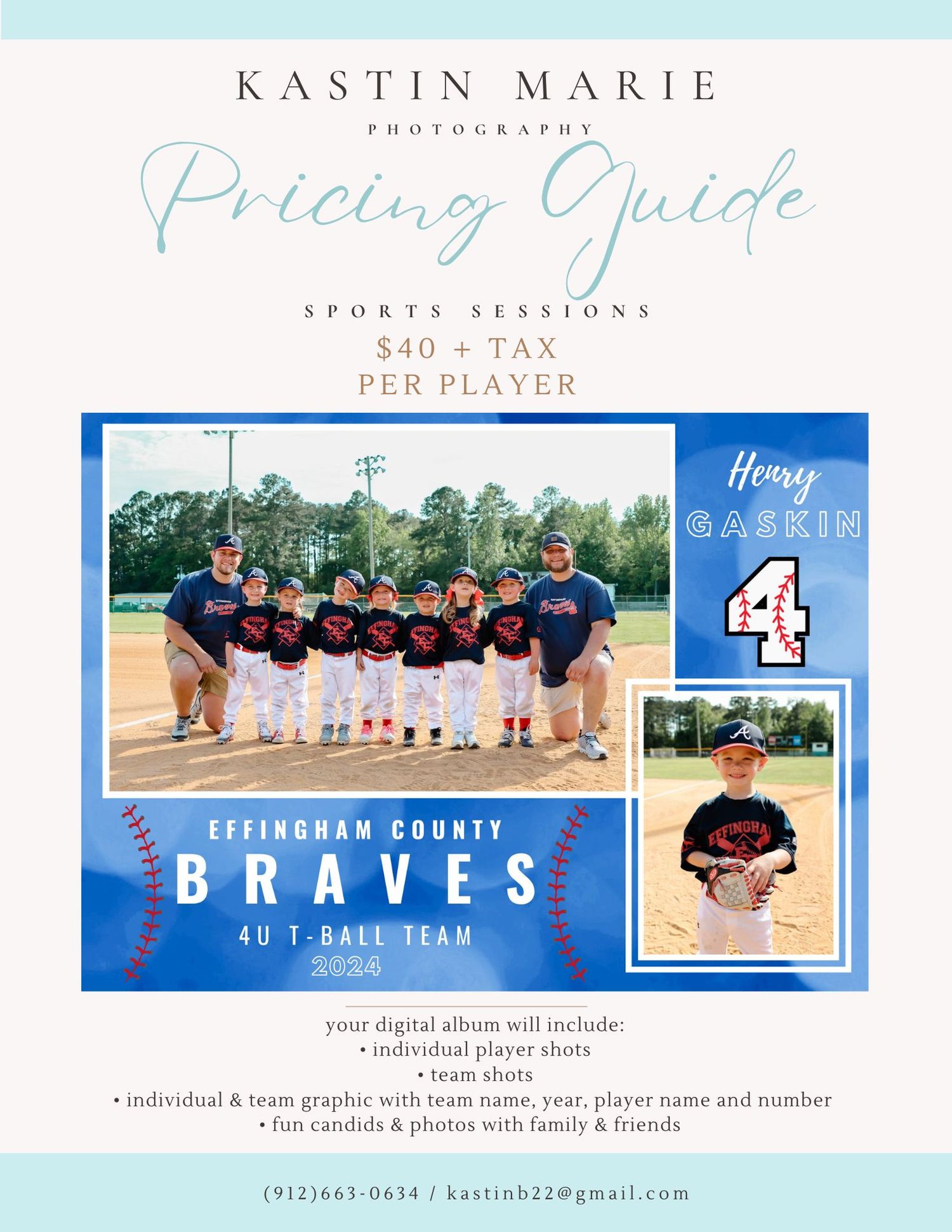 Baseball team pricing guide template with blue and white design showing sports session packages and player photos.