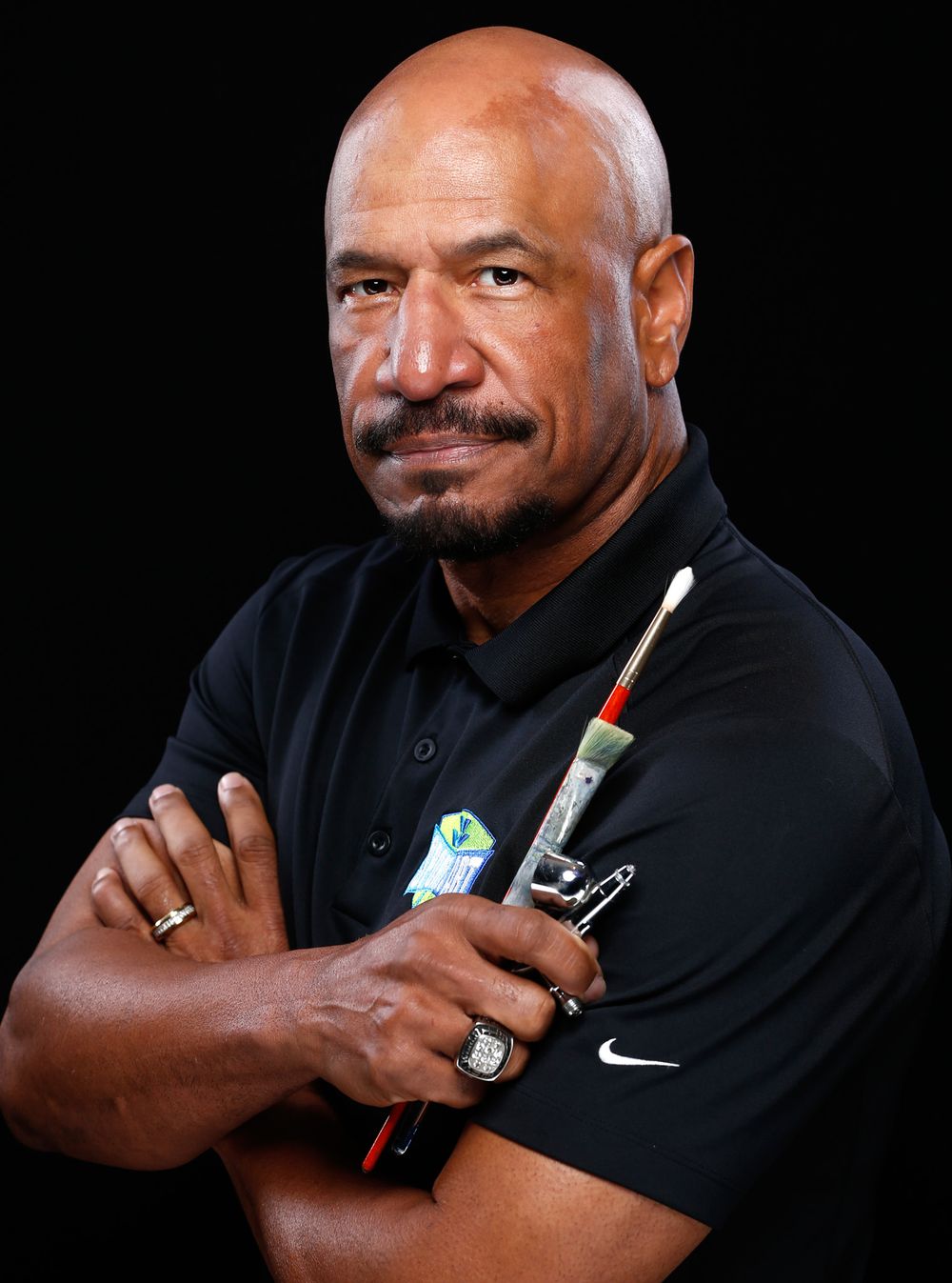 A series of professional studio portraits showing a person in a black polo shirt against a dark background.