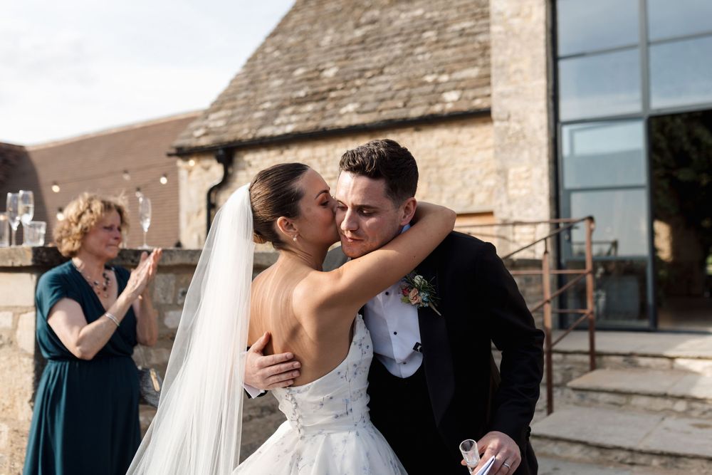 A romantic wedding collage showing intimate moments between newlyweds in various outdoor and indoor settings.