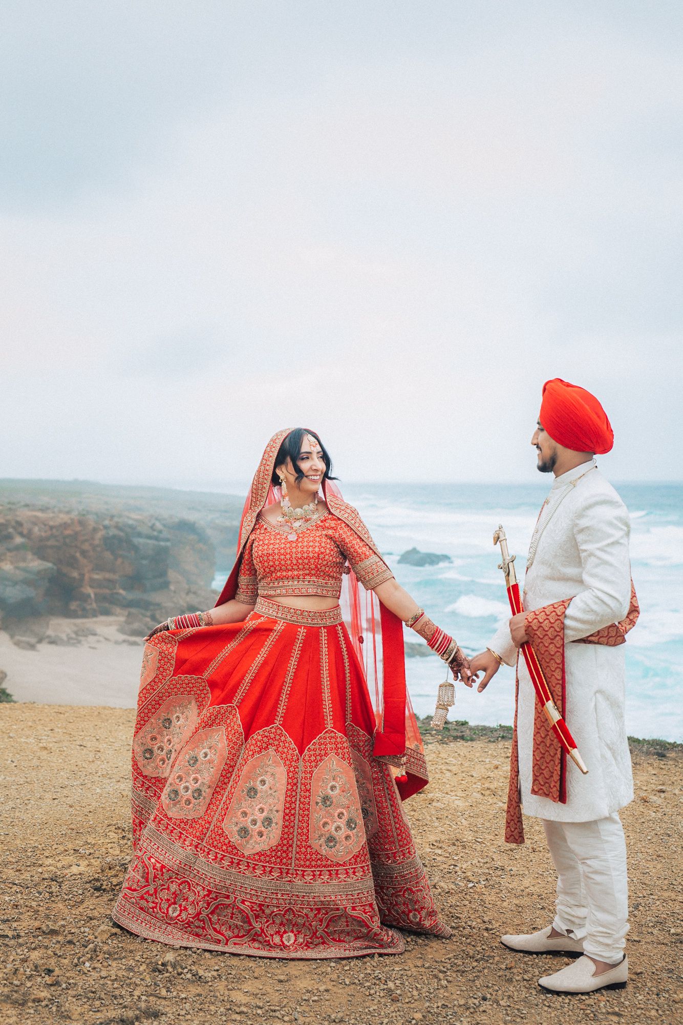 Elegant Sikh couple at their Destination Indian Wedding in Portugal, embracing tradition and love  at arriba by the sea wedding venue