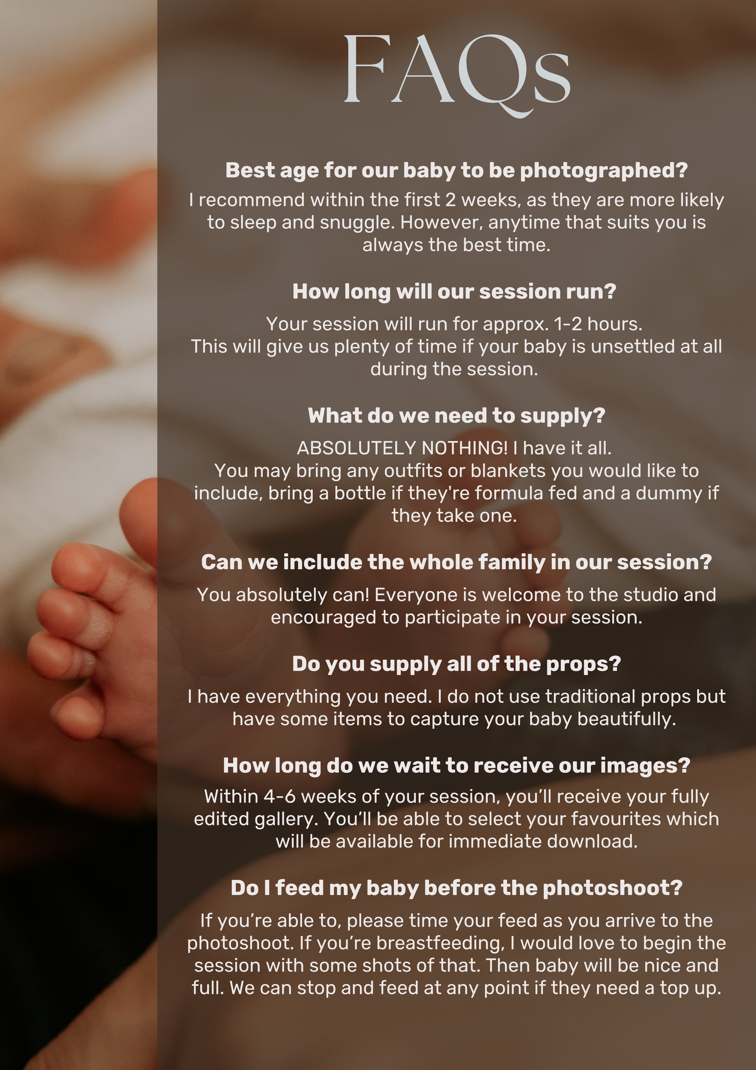 FAQ information card for newborn photography sessions with common client questions.