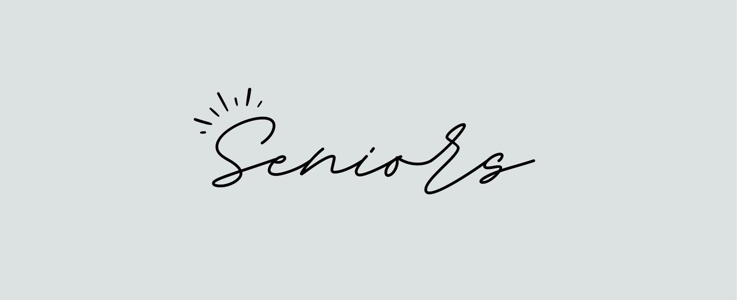 Elegant cursive text reading 'Seniors' with decorative flourishes on light grey background.