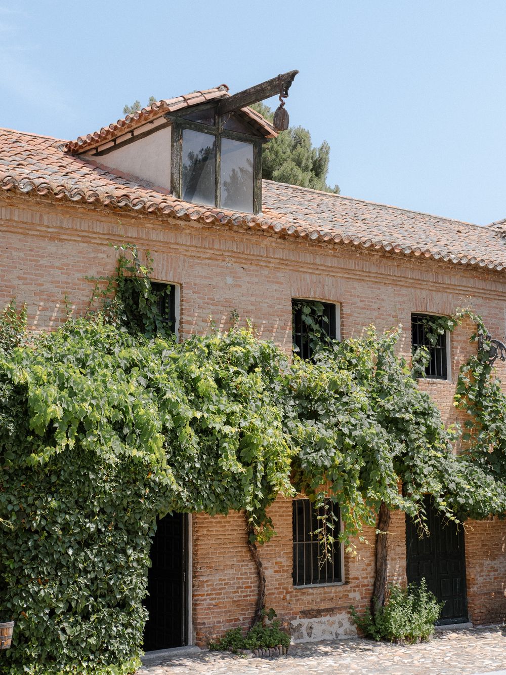 Rustic Spanish-style building with clay tile roof and climbing vines covering the brick facade.