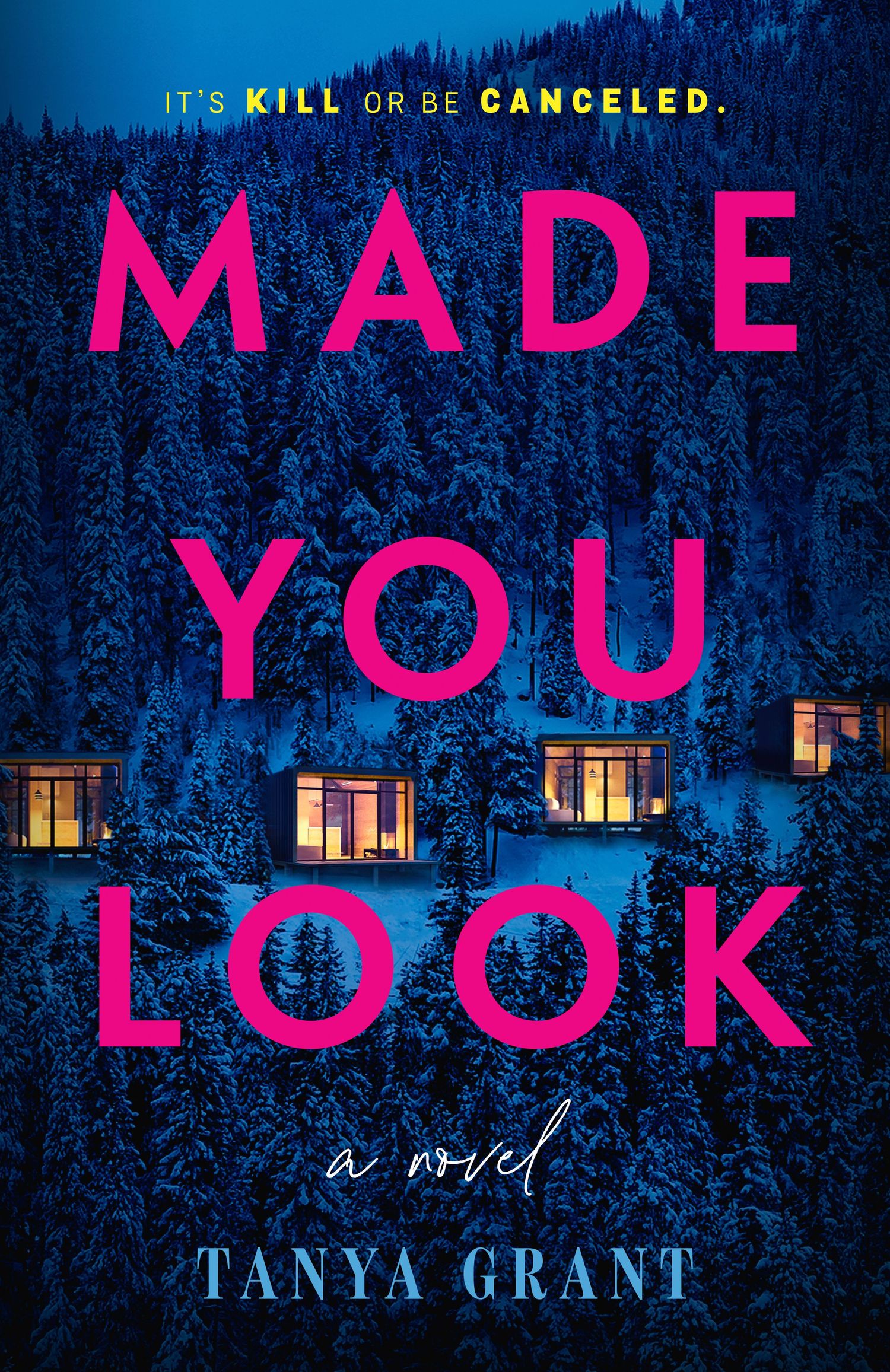 Cover of Made You Look by Tanya Grant. The title is in hot pink in front of a snowy nighttime scene with cabins in a forest.