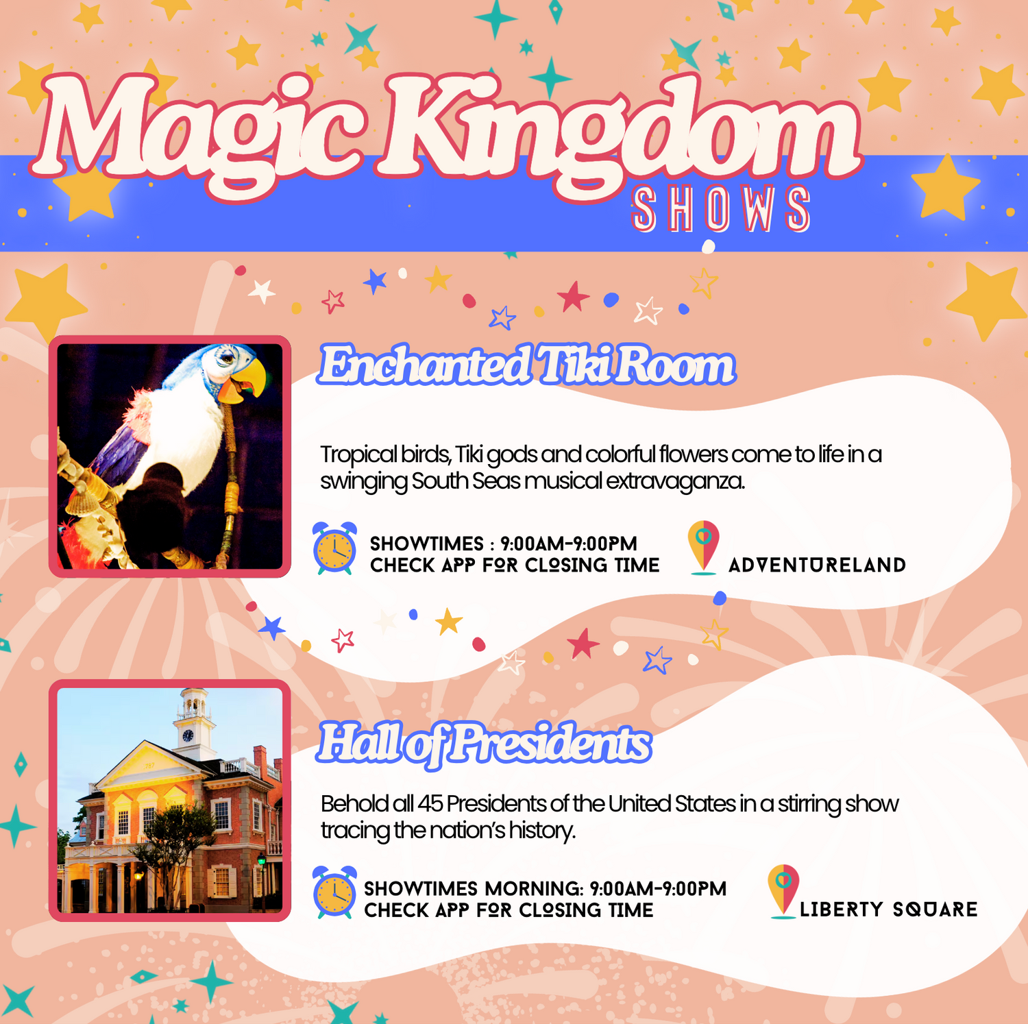 Colorful collage banner featuring Disney Magic Kingdom attractions and shows with pink background and decorative stars.