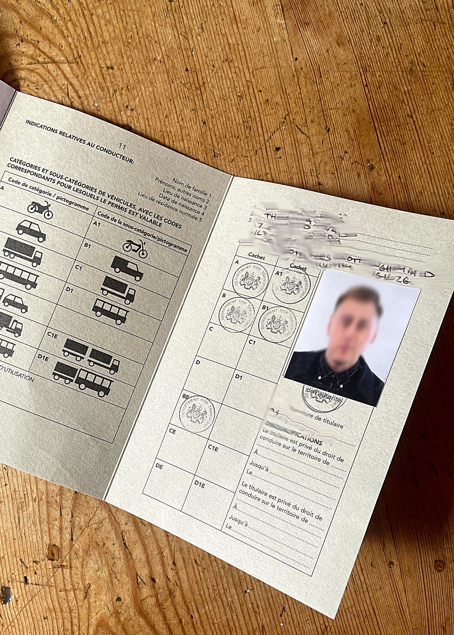 An open ID document with vehicle diagram icons and a photograph lying on a wooden table.