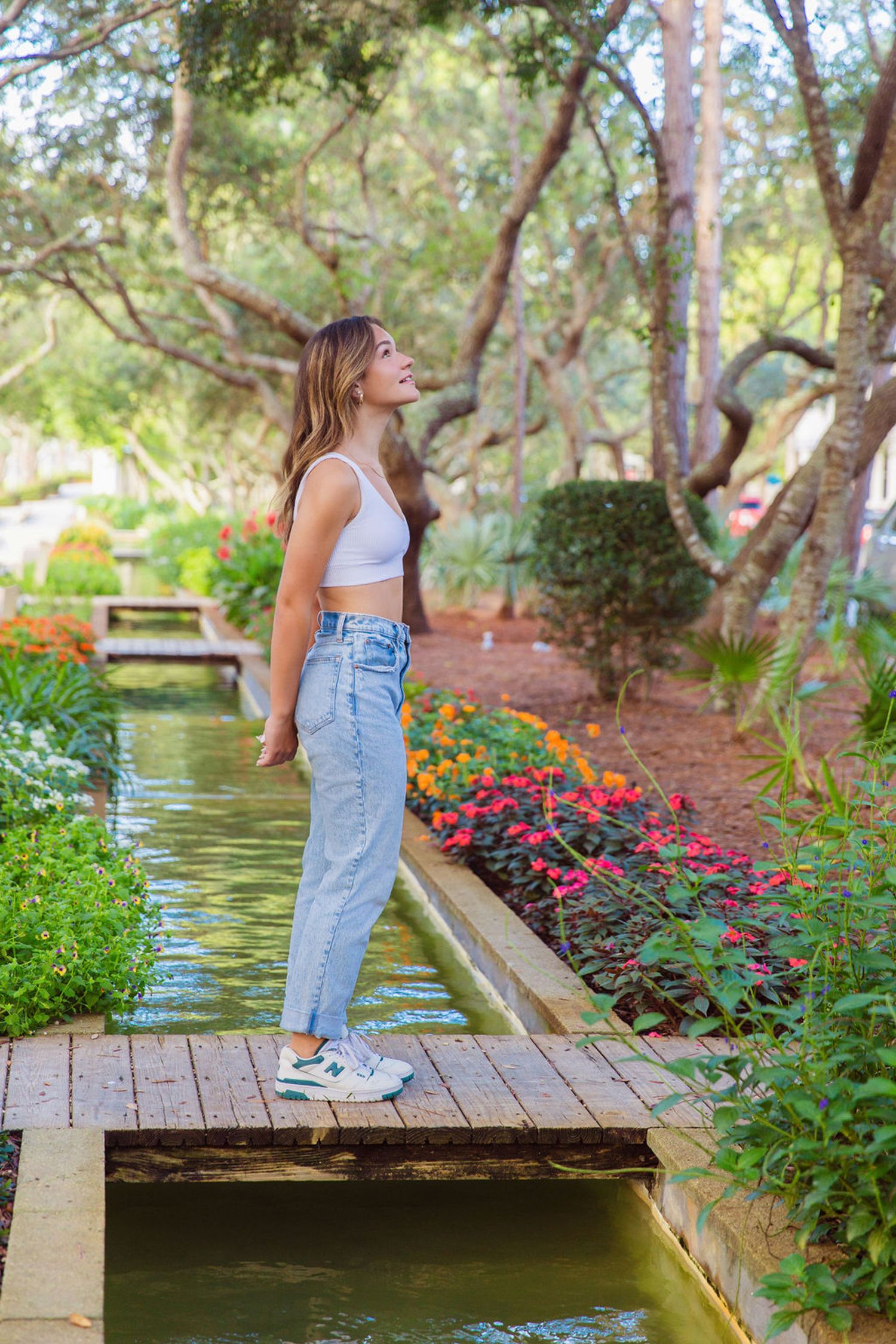 A wooden footbridge spans over a tranquil pond surrounded by vibrant pink flowers and lush greenery in a garden setting.