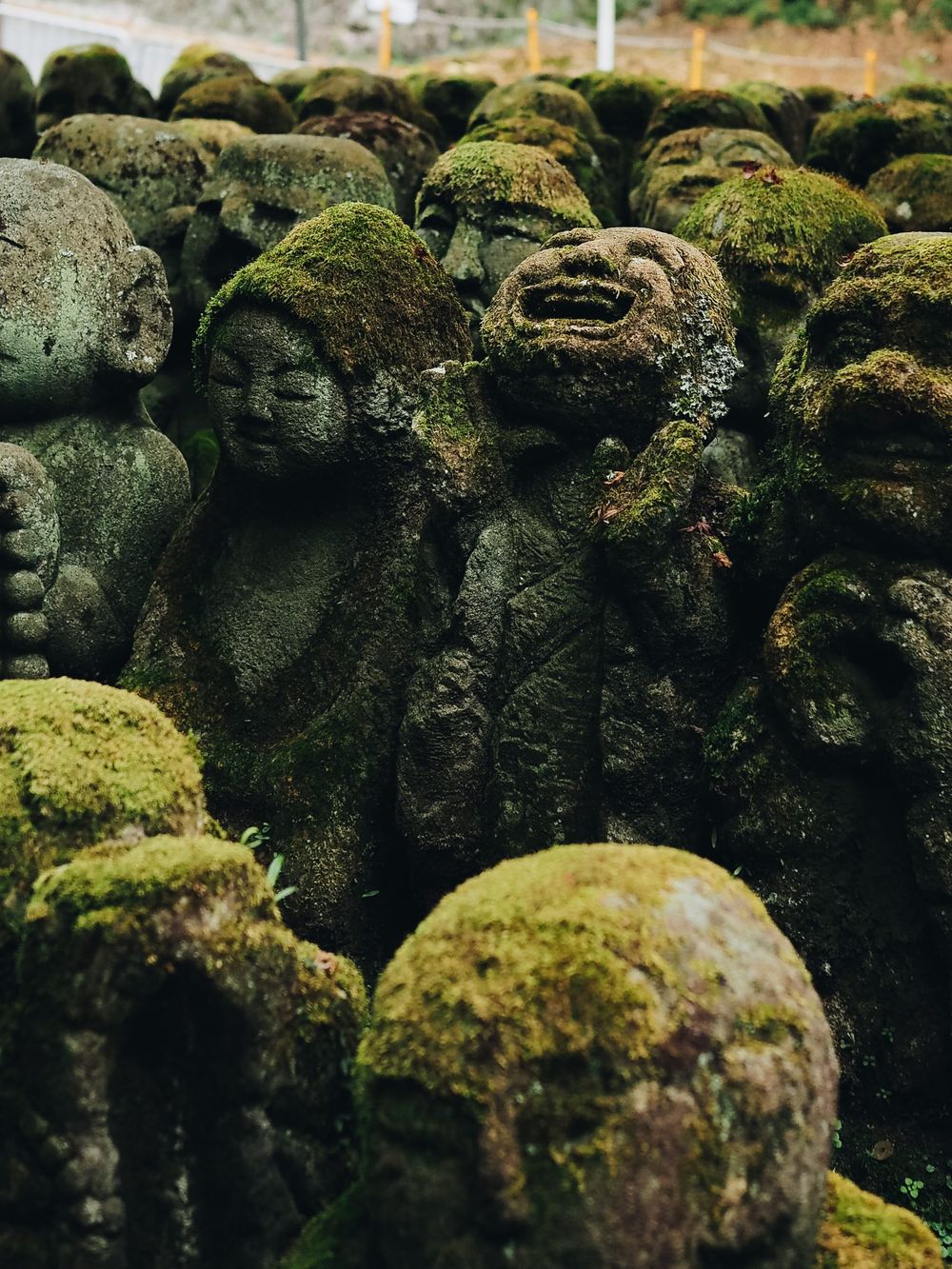 Ancient stone statues covered in green moss arranged in rows.