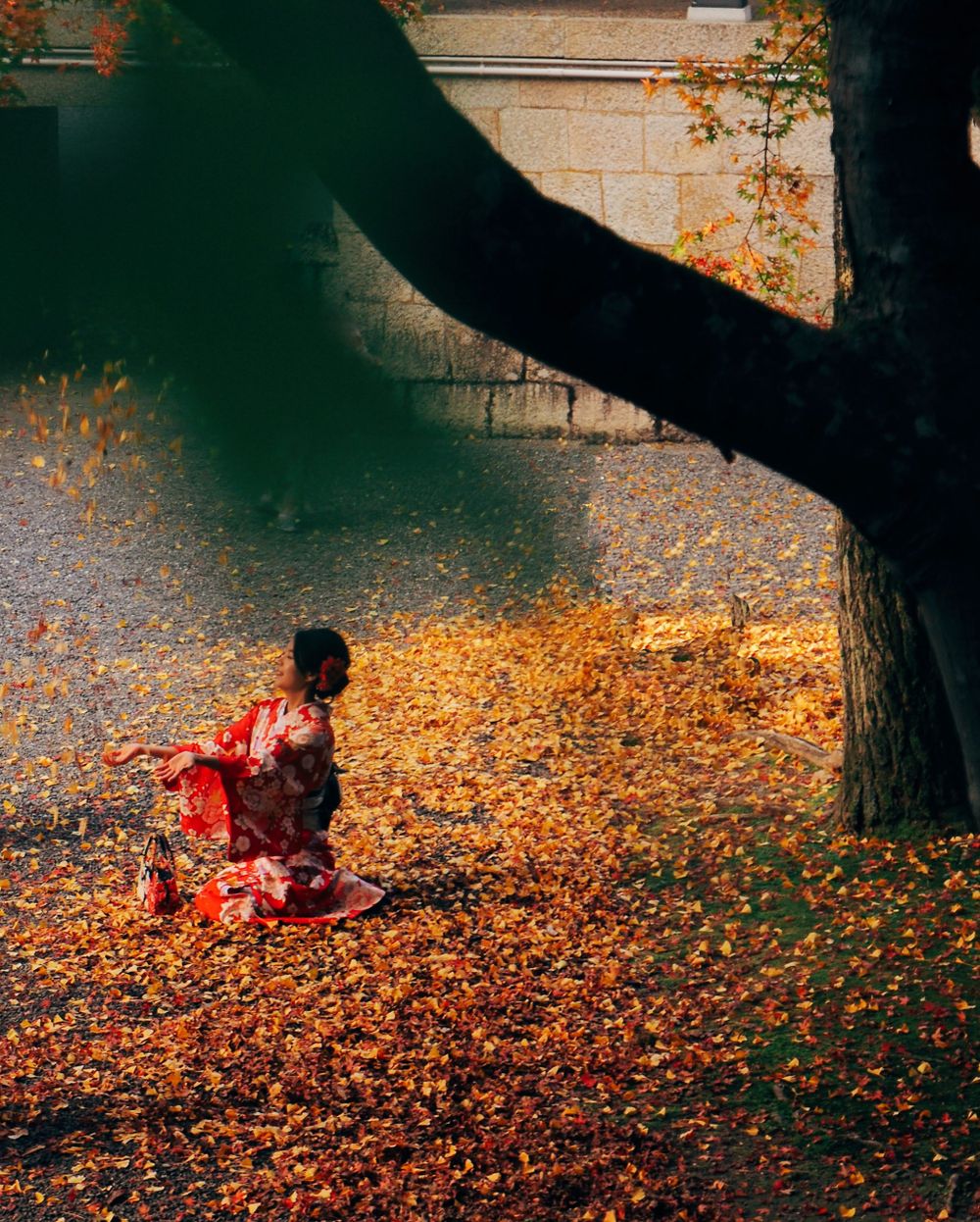 Figure in traditional clothing sits among fallen autumn leaves beneath a dark tree.