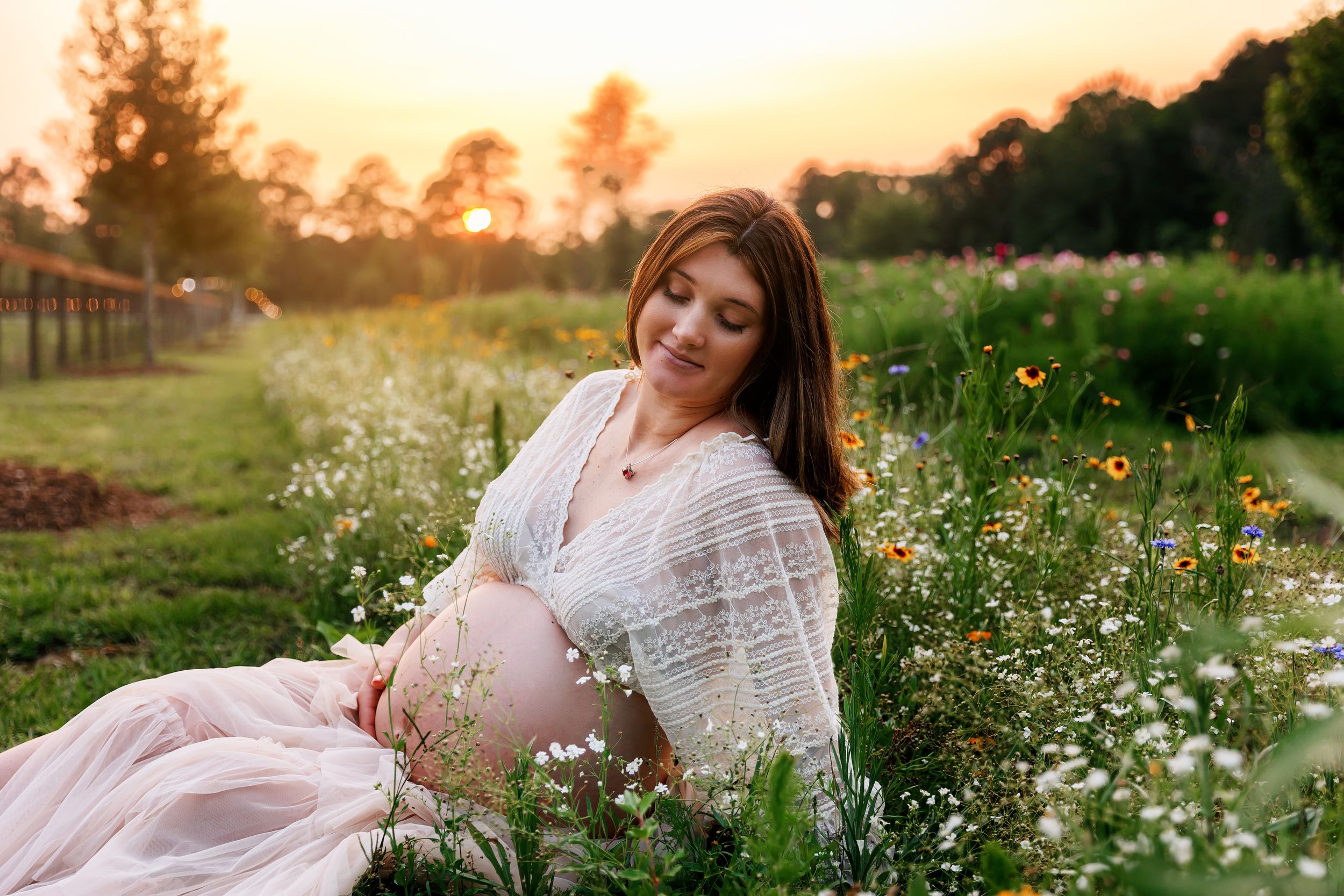 A dreamy scene in a wildflower meadow at golden hour with soft sunlight filtering through the flowers and grass.