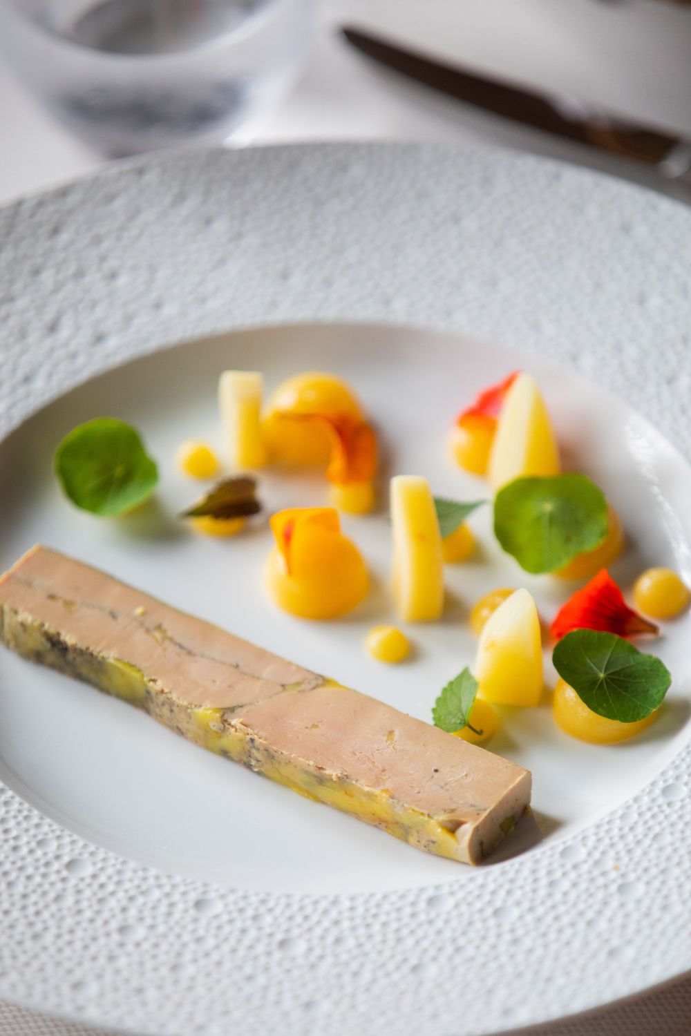 Elegant plating progression of foie gras terrine with colorful citrus segments and fresh herbs on white textured plates.