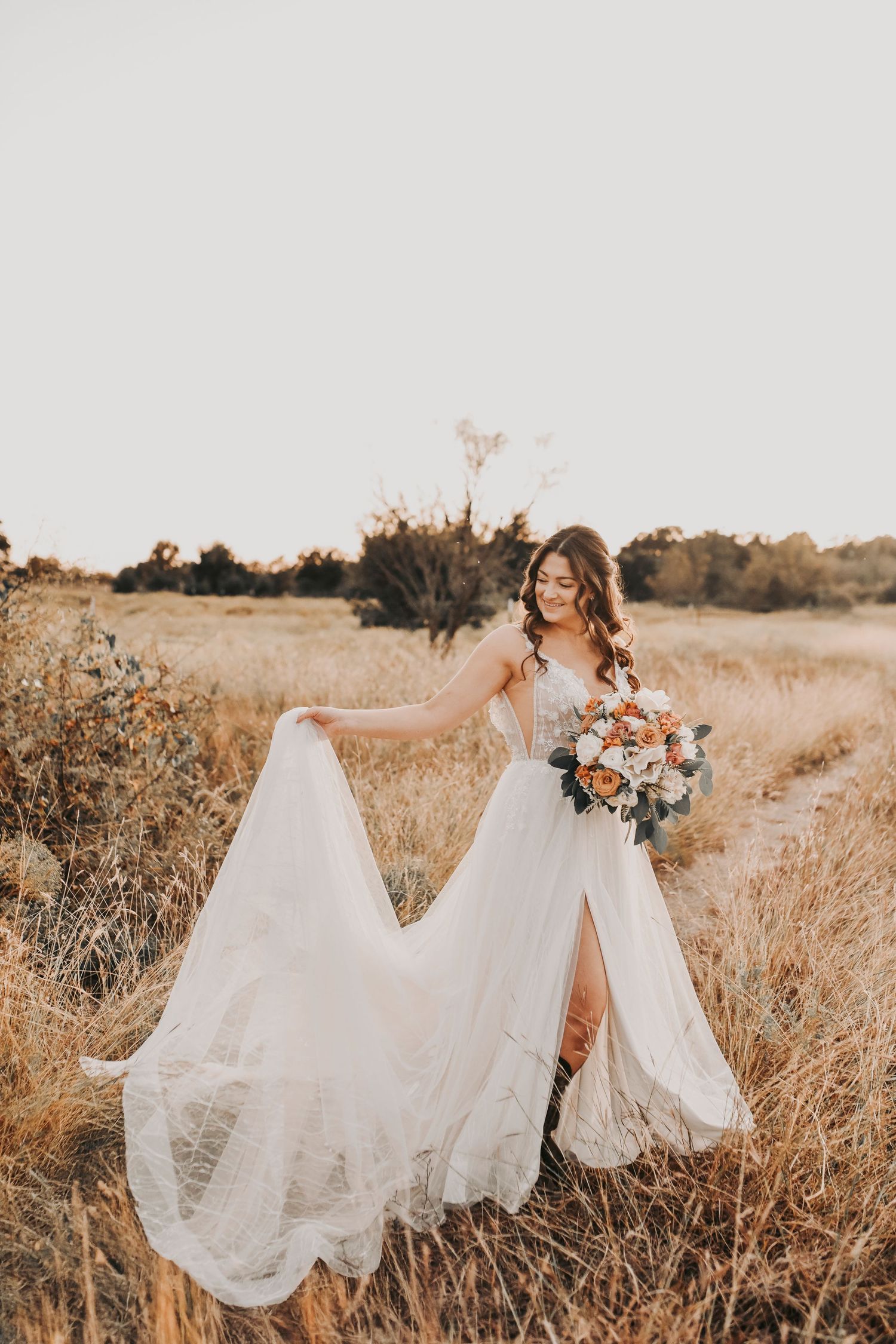 Romantic sunset portraits at The Barn at Paradise North Texas wedding venue