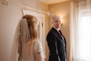 A collection of wedding photos showing emotional moments between family members in a softly lit indoor setting.