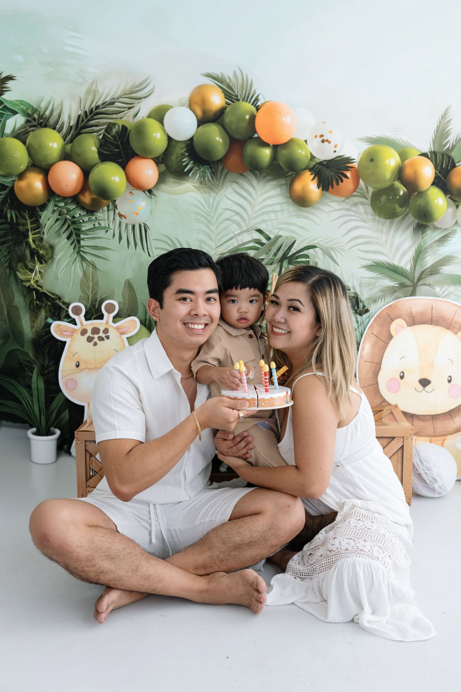 A romantic tropical-themed photo series with citrus fruits and palm leaves as decorative elements against a light background.