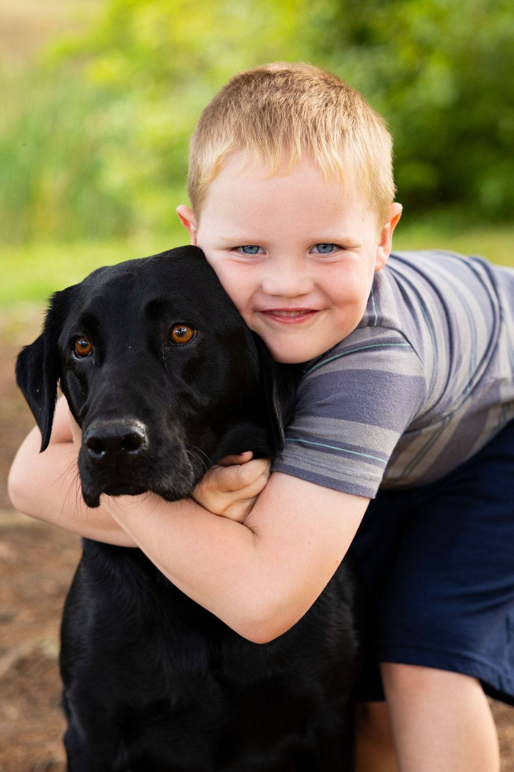 A black Labrador retriever being hugged by a young child in a grey shirt outdoors.