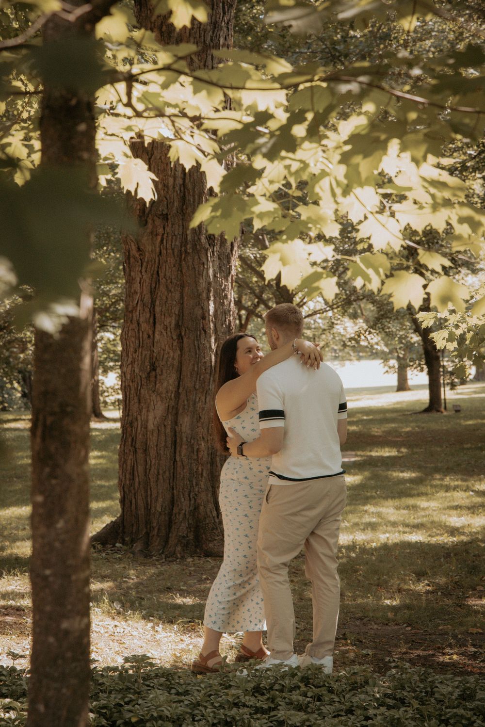 A couple embraces beneath a large tree in a sunlit park on a summer day.