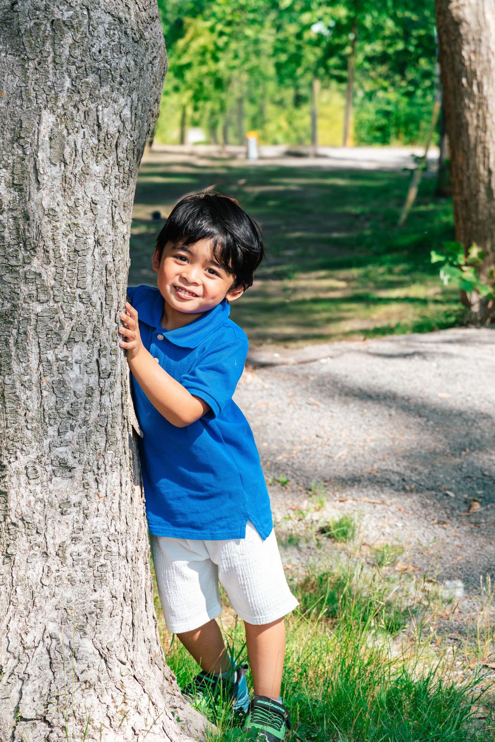 Cheerful child in bright blue shirt and white shorts peeks playfully from behind a large tree trunk on a sunny path.