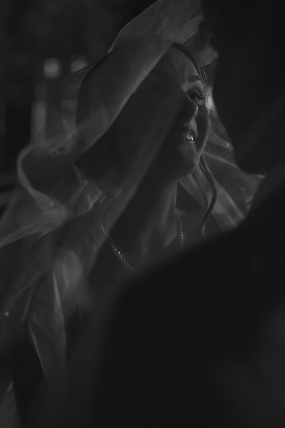 A moody black and white portrait shows a figure in soft focus with raised arms through ethereal fabric or veil.
