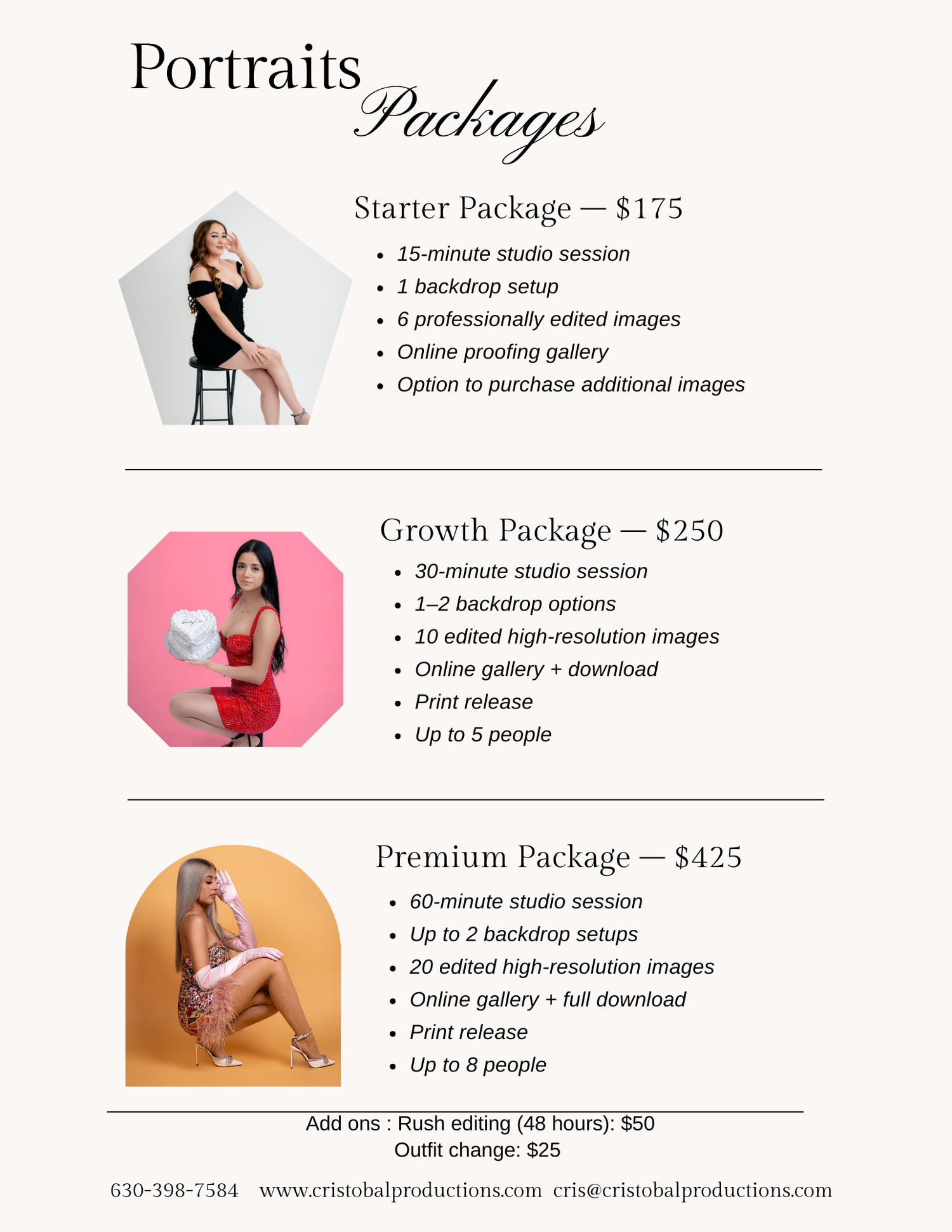 Photography studio pricing menu showing three portrait packages with models posing against white, pink and orange backgrounds.