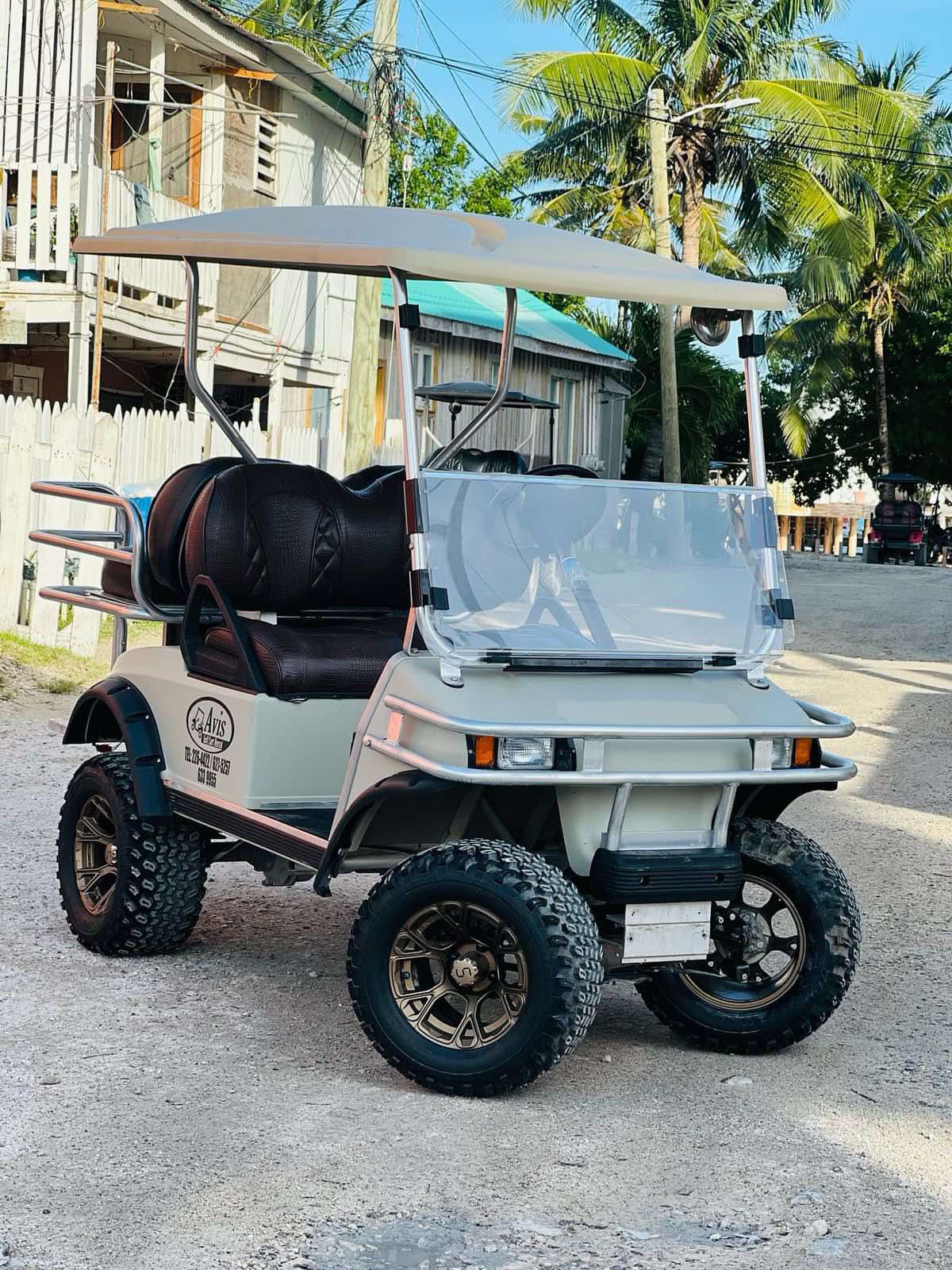 Custom white golf cart with large off-road tires and lifted suspension shown from multiple angles on gravel path.