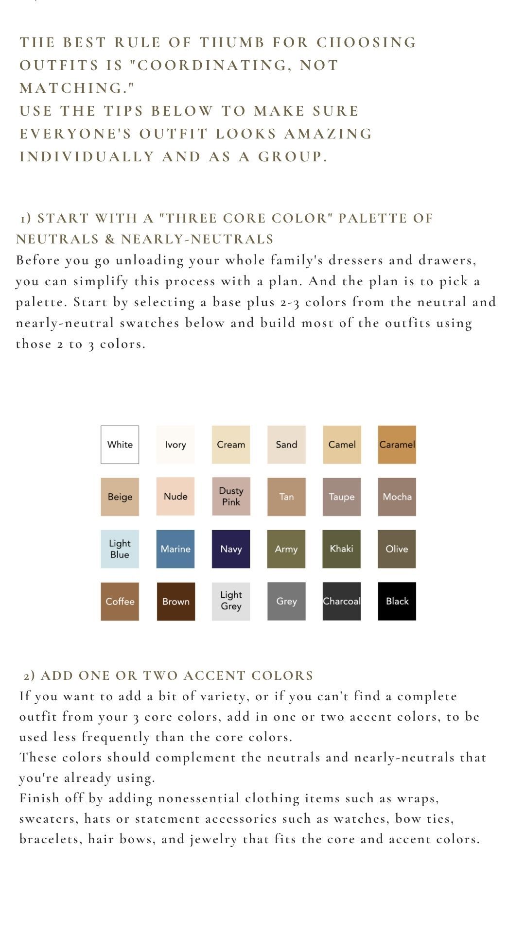 A color palette guide for coordinating family outfits featuring neutral swatches and tips for choosing complementary accent colors.