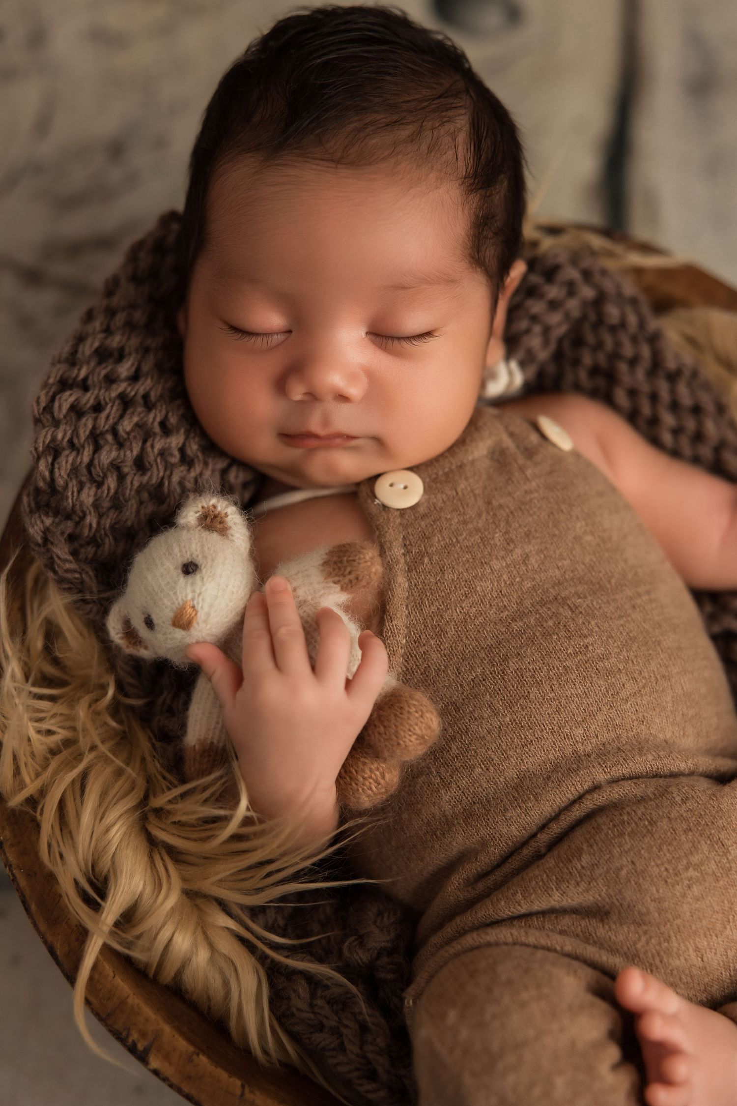 A sleeping baby wrapped in brown knit blanket snuggles with small stuffed animal toys in professional newborn photography.