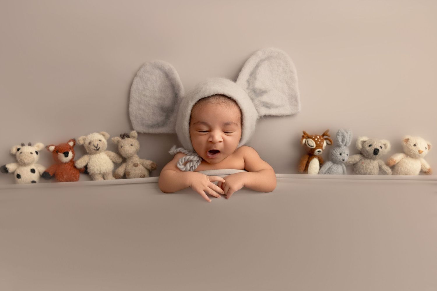 Sweet newborn photography setup with stuffed animal toys and gray elephant ears bonnet on light backdrop.