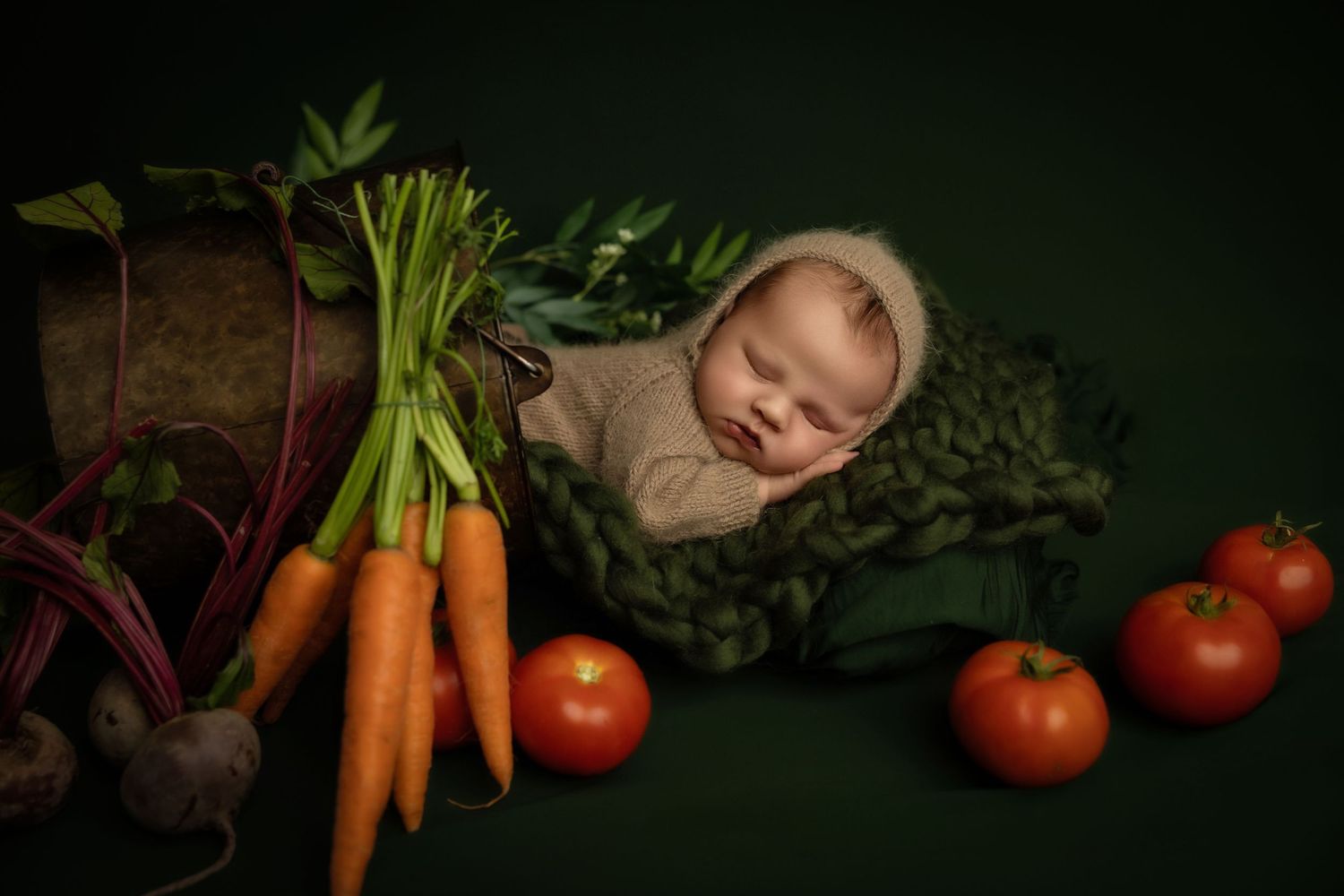 Creative newborn photography setup with fresh vegetables including carrots, tomatoes, and leafy greens on dark green background.